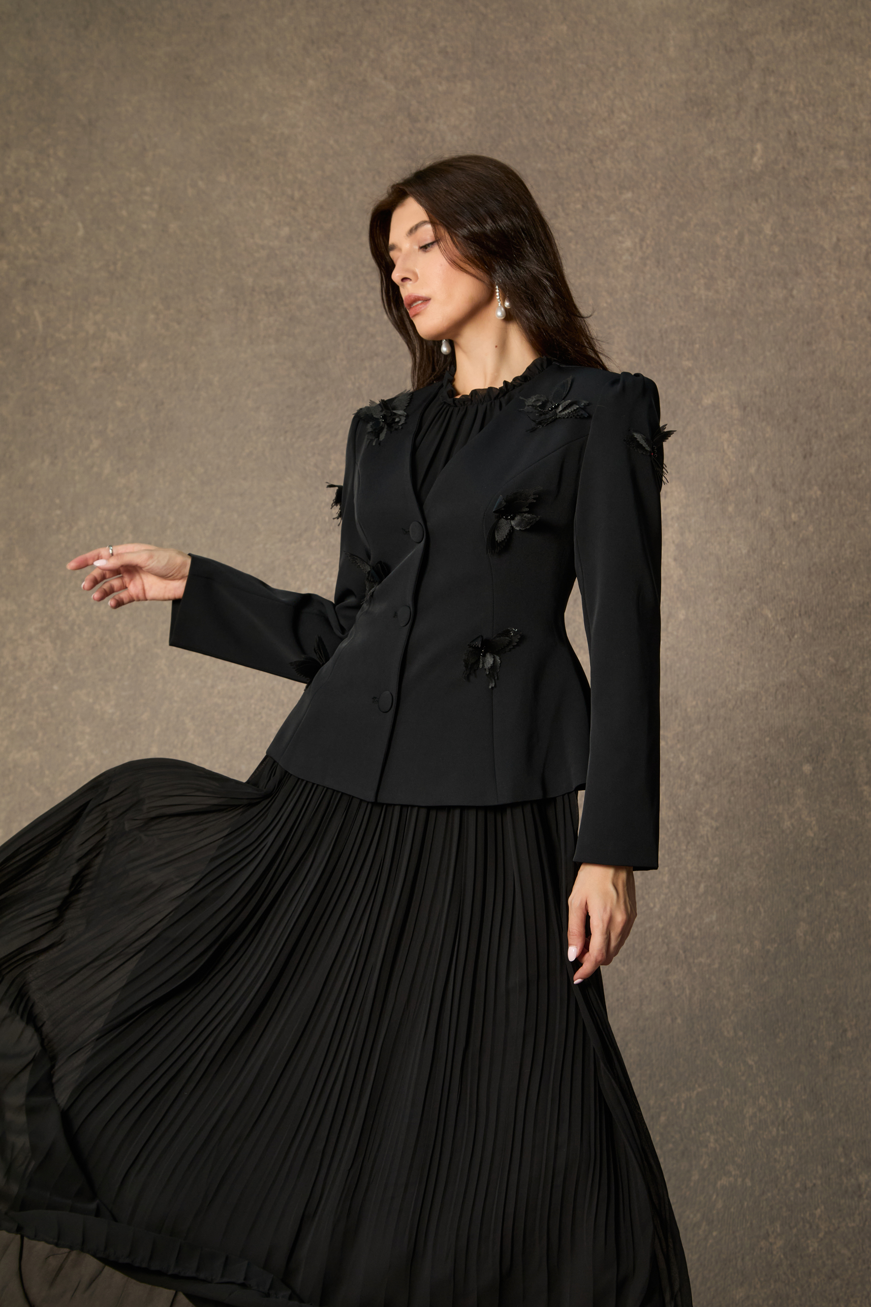 Graceful Midnight Black Butterfly Applique Jacket & Pleated Dress Set