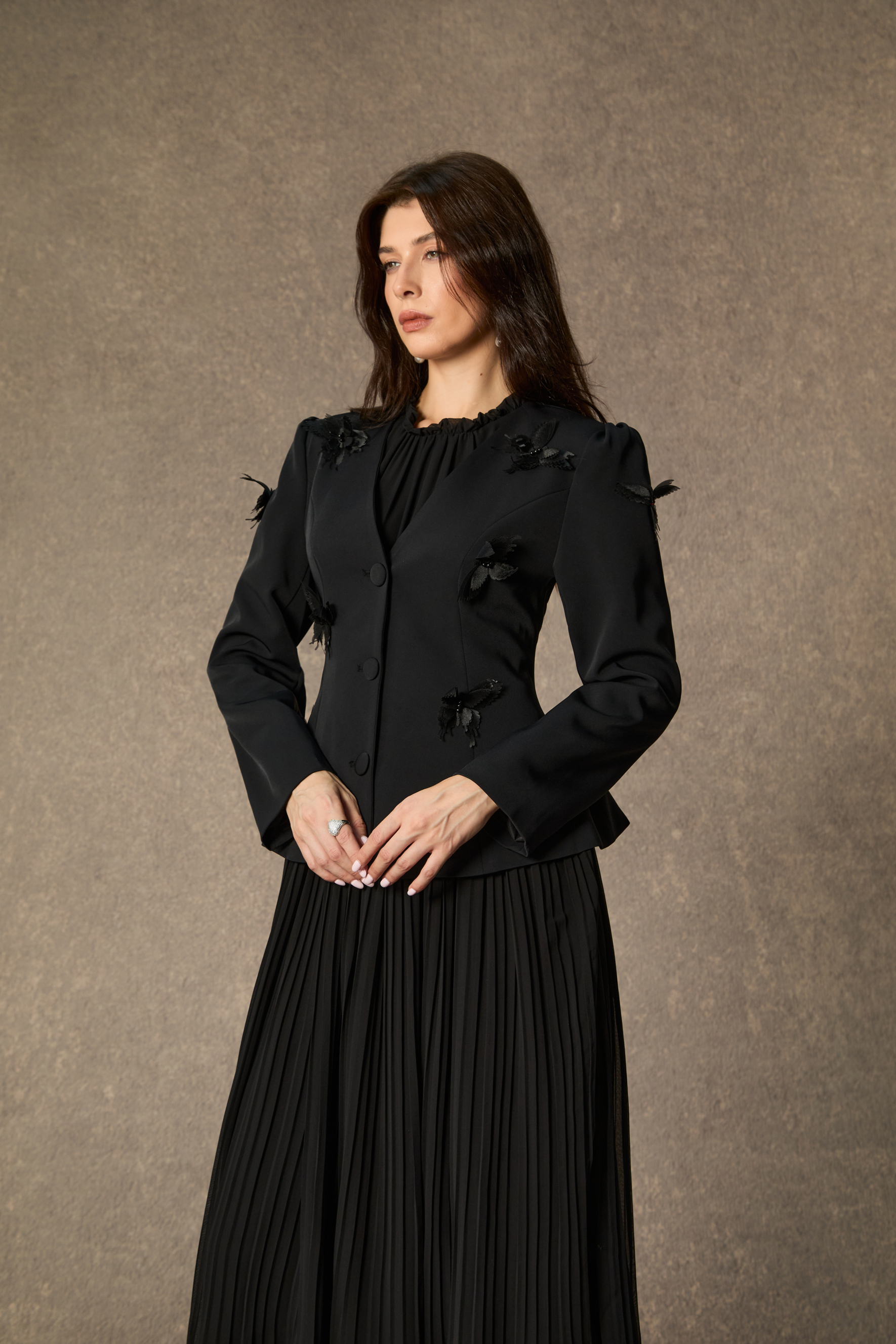 Graceful Midnight Black Butterfly Applique Jacket & Pleated Dress Set