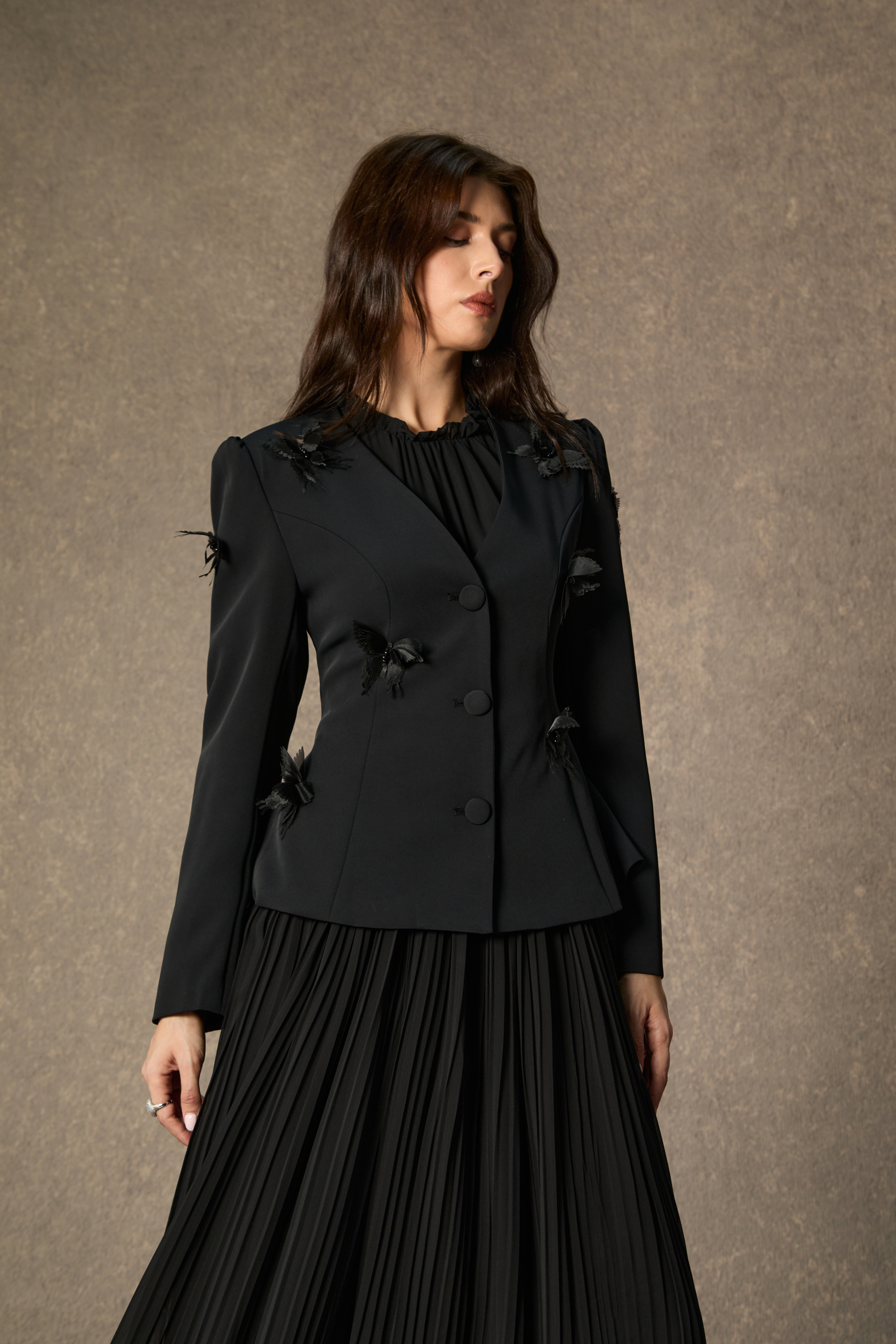 Graceful Midnight Black Butterfly Applique Jacket & Pleated Dress Set