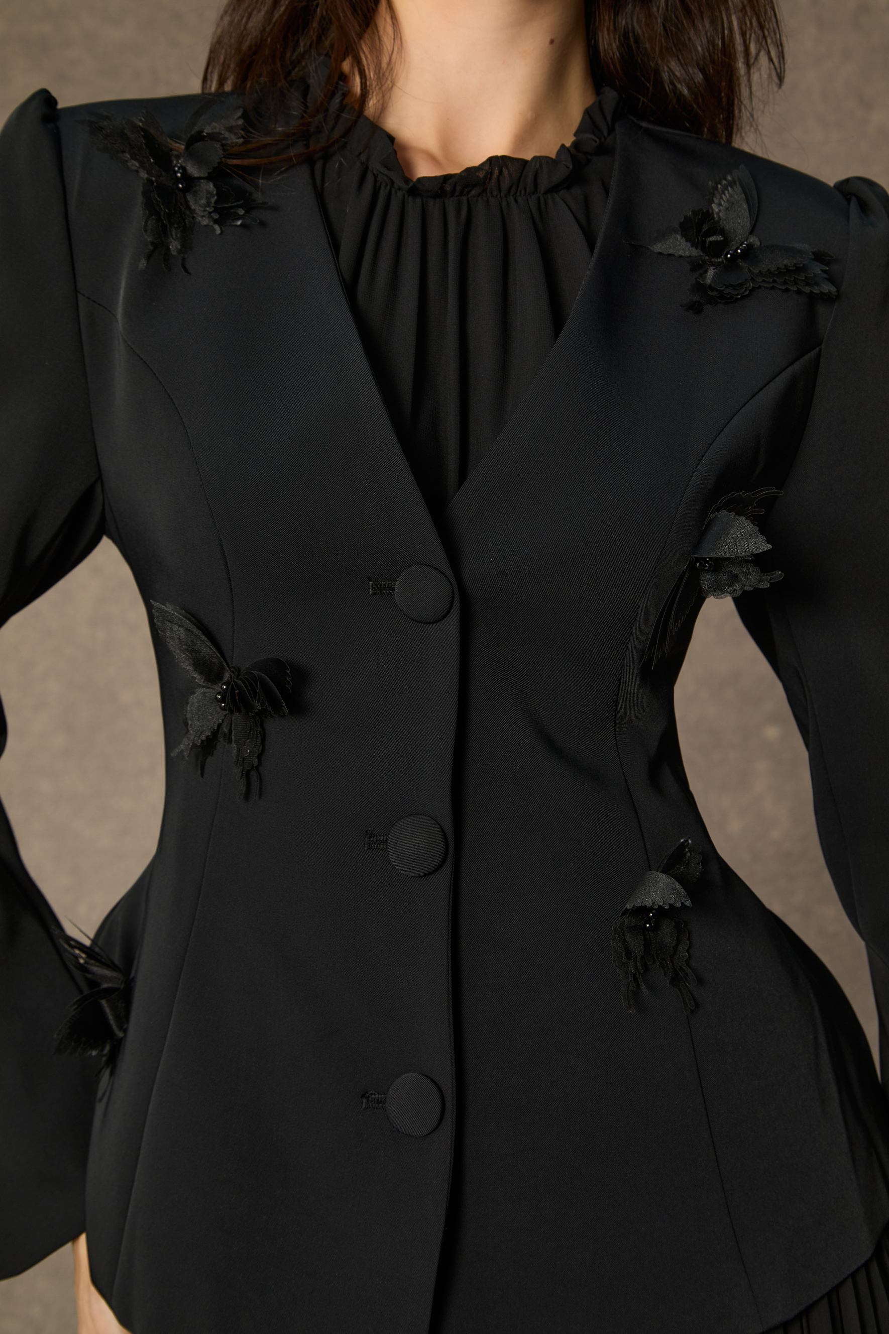 Graceful Midnight Black Butterfly Applique Jacket & Pleated Dress Set