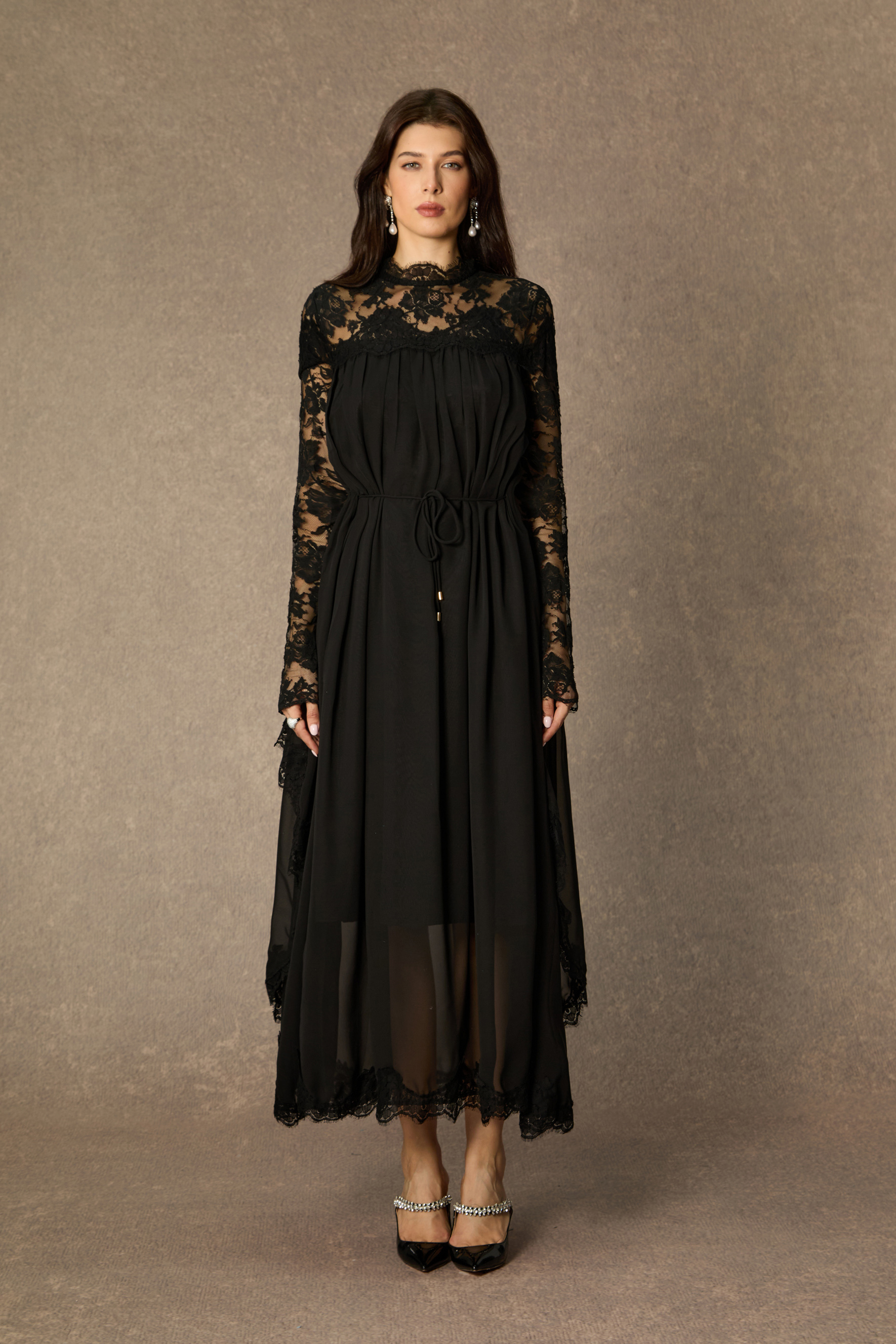 Enchanted By You Black Lace Panel Tie Waist Maxi Dress