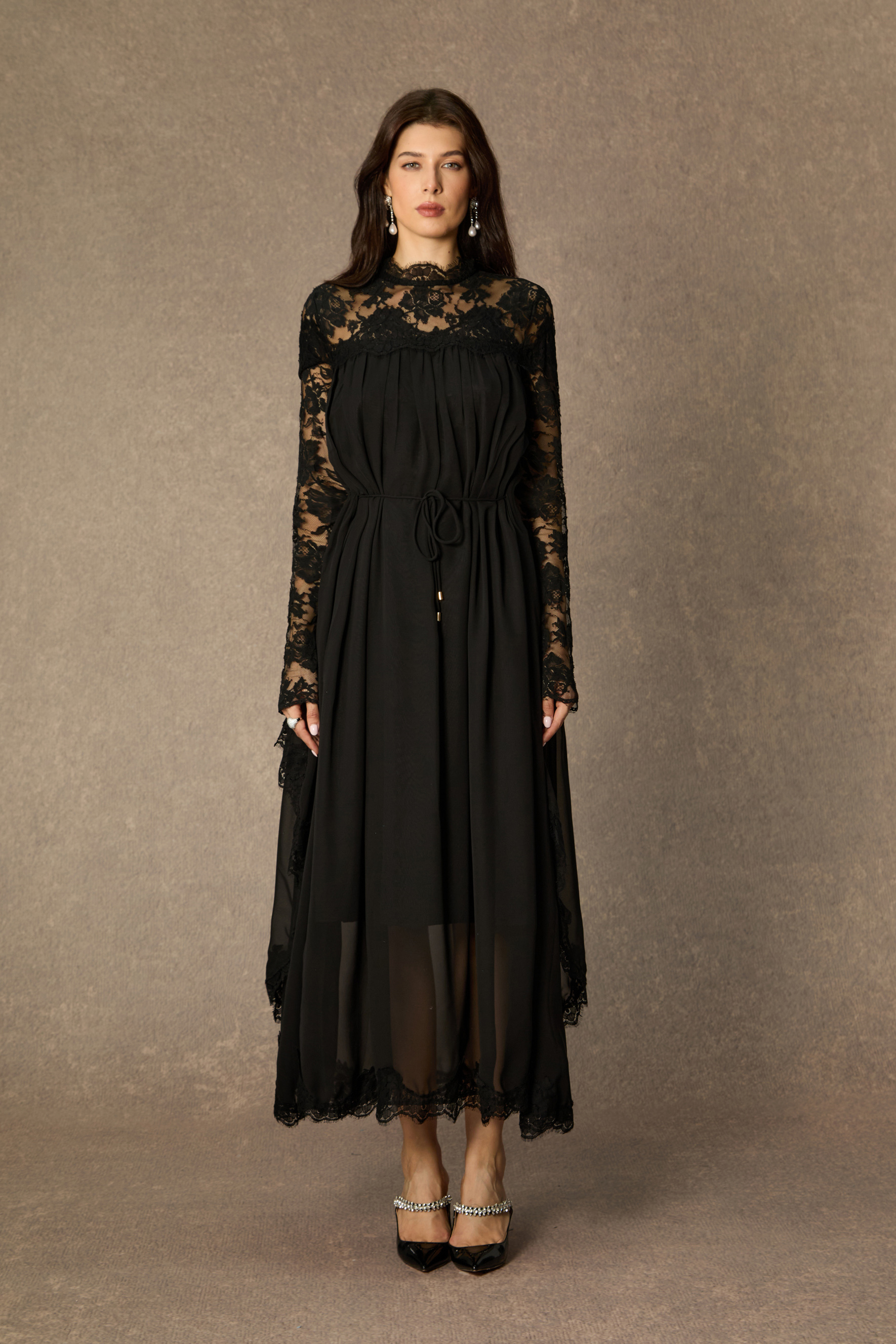 Enchanted By You Black Lace Panel Tie Waist Maxi Dress
