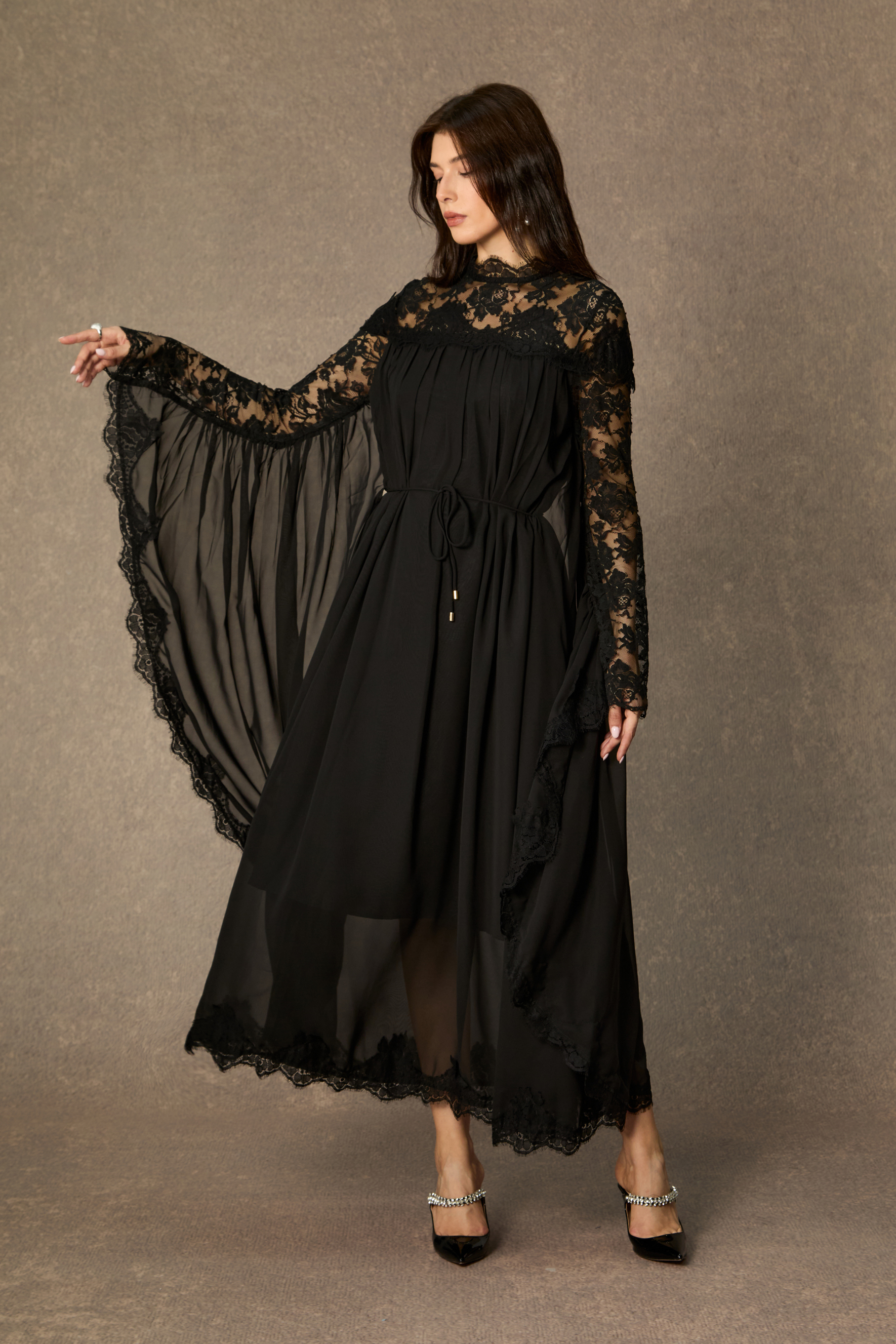 Enchanted By You Black Lace Panel Tie Waist Maxi Dress