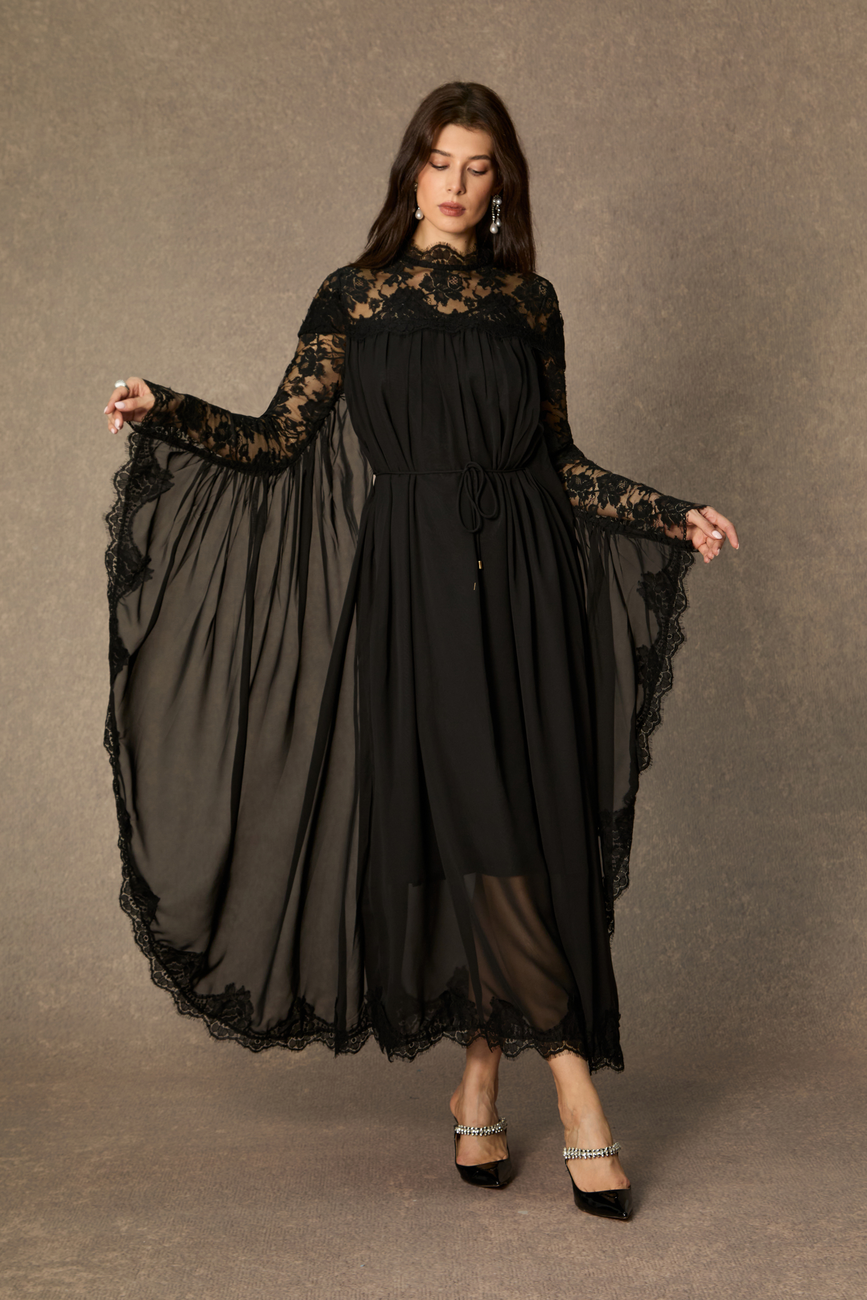 Enchanted By You Black Lace Panel Tie Waist Maxi Dress
