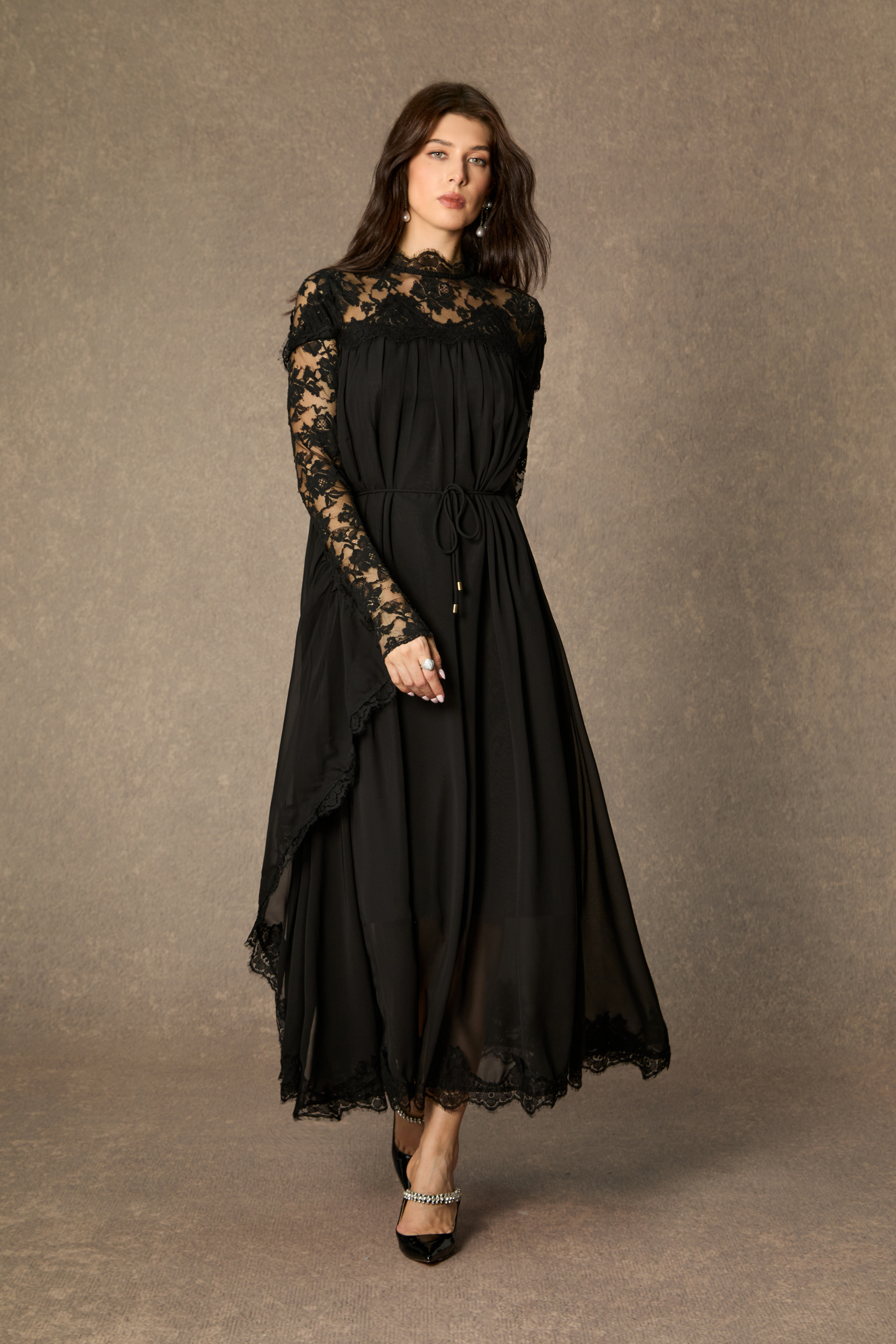Enchanted By You Black Lace Panel Tie Waist Maxi Dress