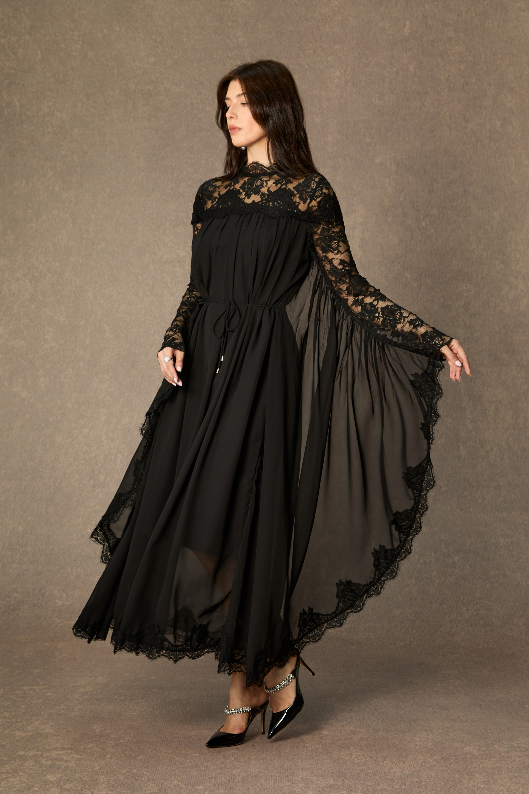 Enchanted By You Black Lace Panel Tie Waist Maxi Dress