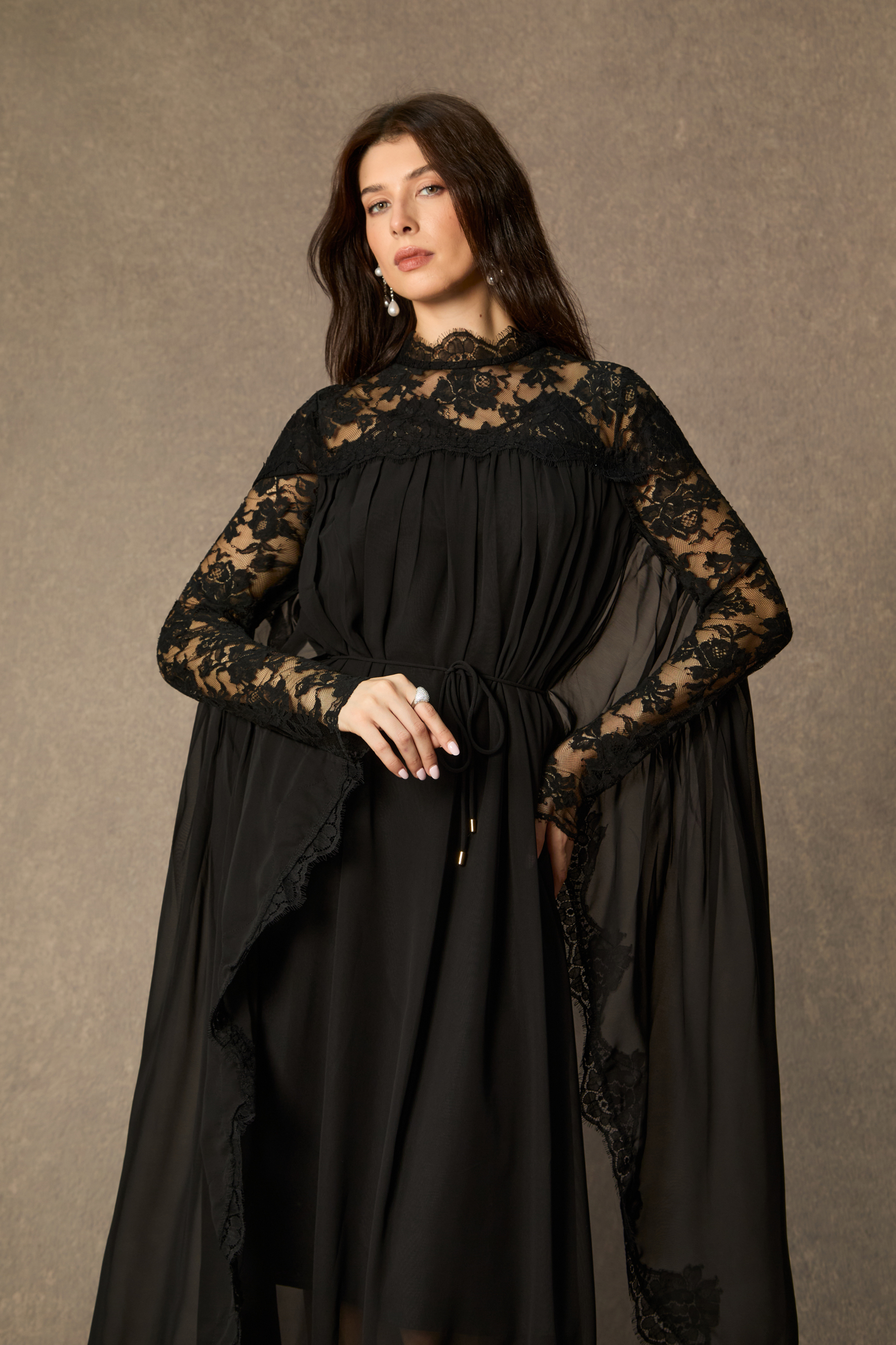 Enchanted By You Black Lace Panel Tie Waist Maxi Dress