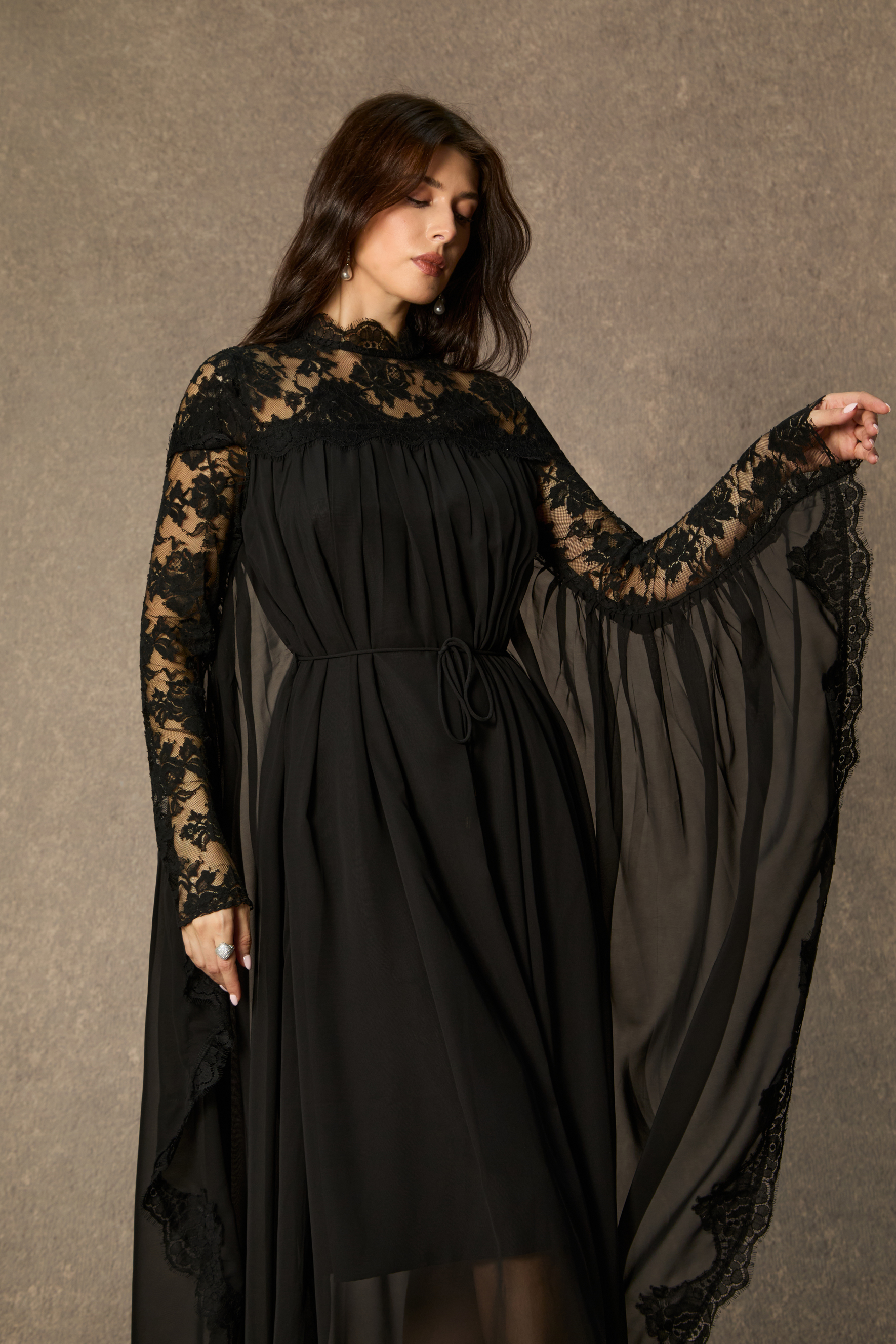 Enchanted By You Black Lace Panel Tie Waist Maxi Dress