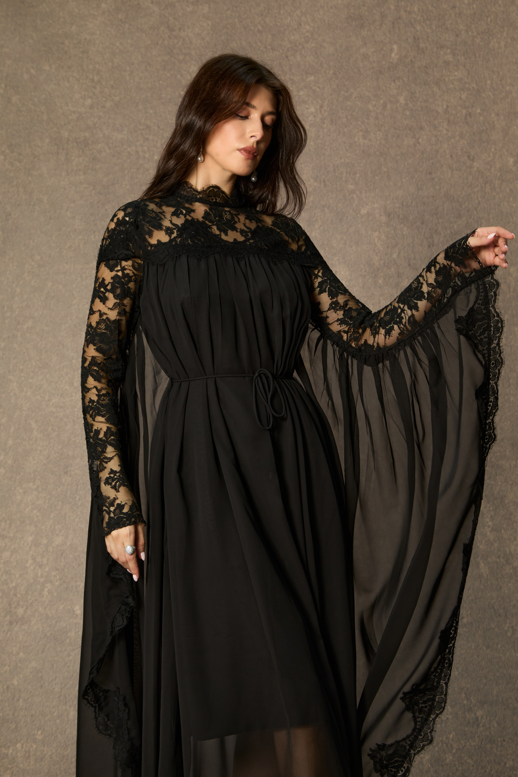 Enchanted By You Black Lace Panel Tie Waist Maxi Dress