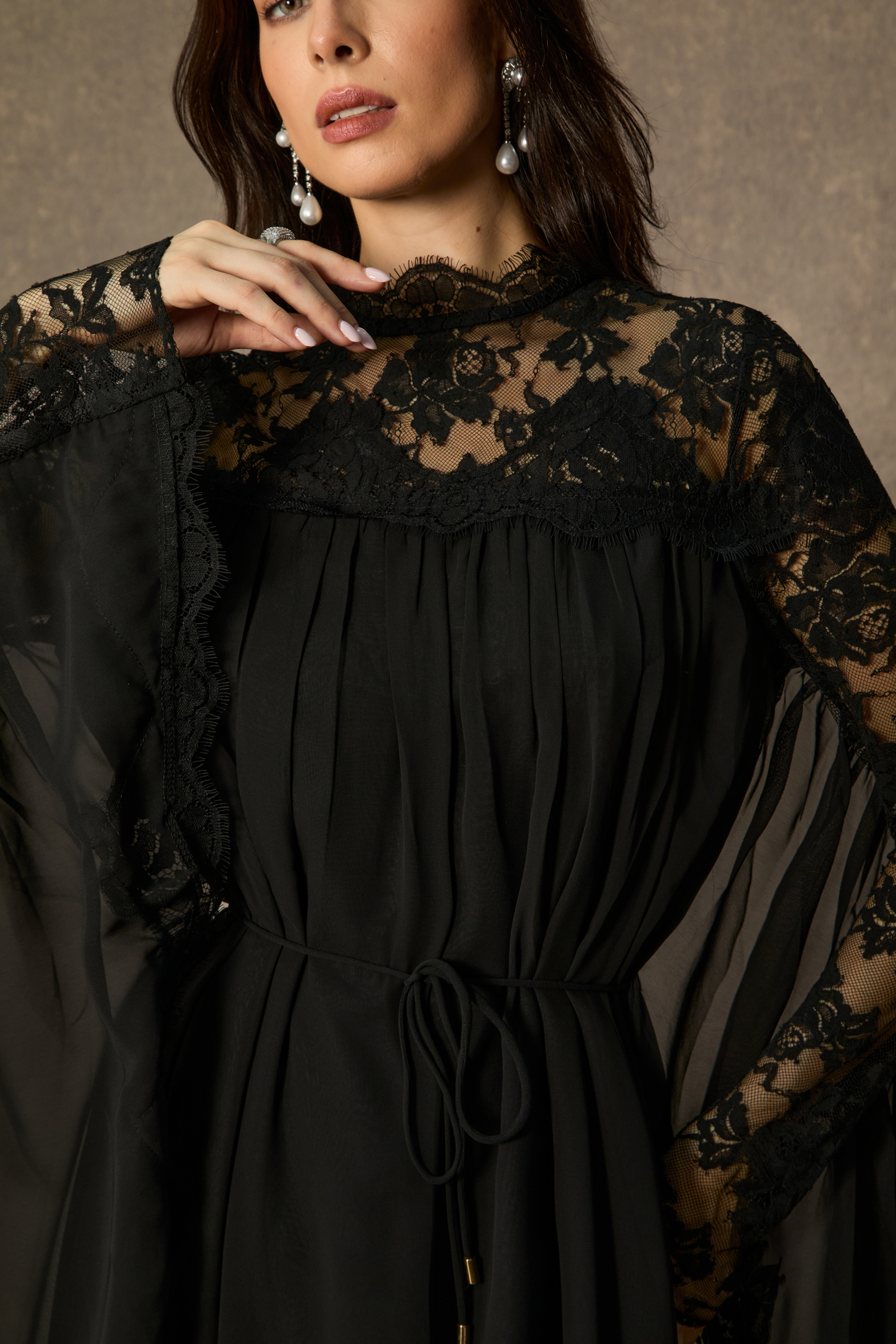 Enchanted By You Black Lace Panel Tie Waist Maxi Dress