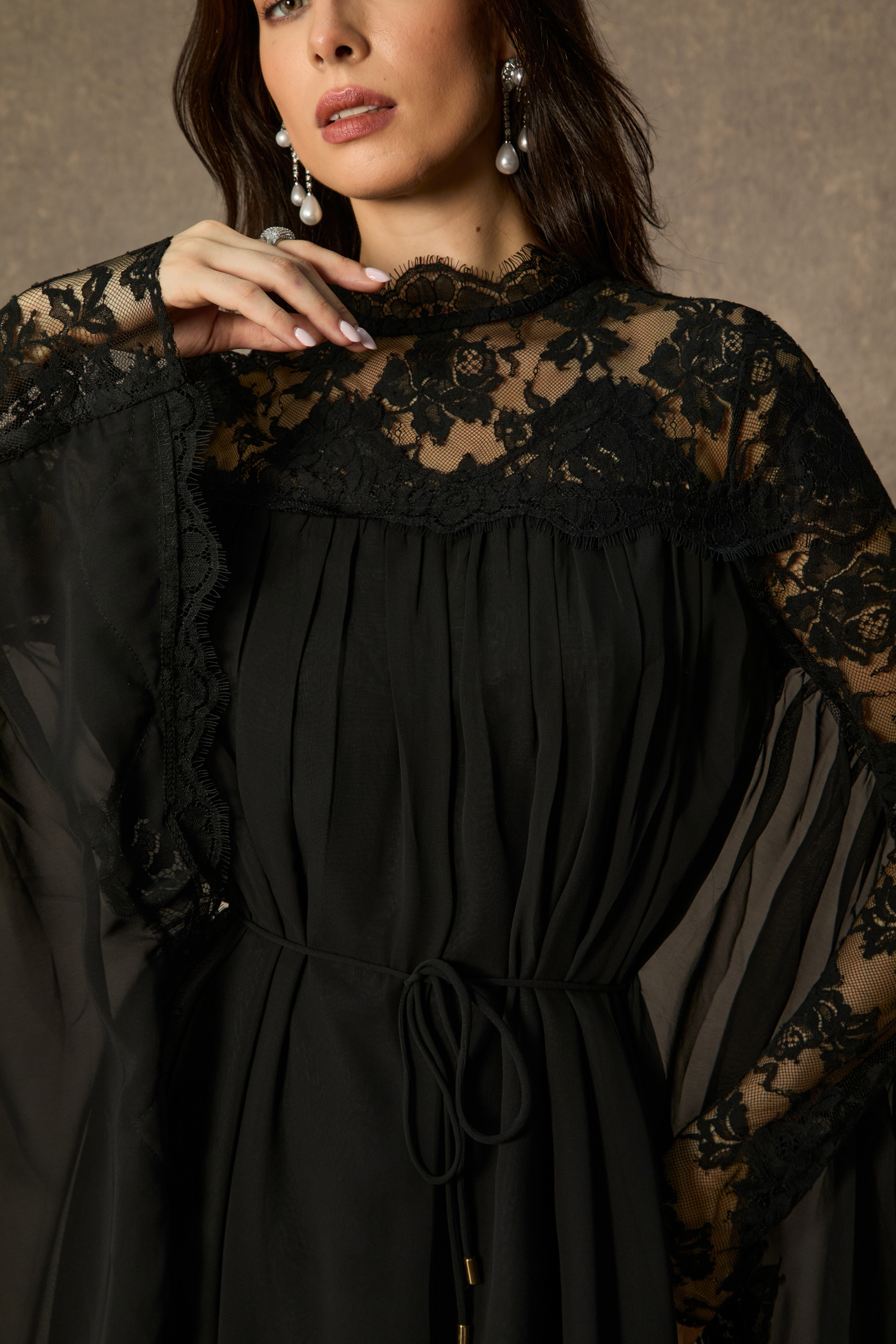 Enchanted By You Black Lace Panel Tie Waist Maxi Dress