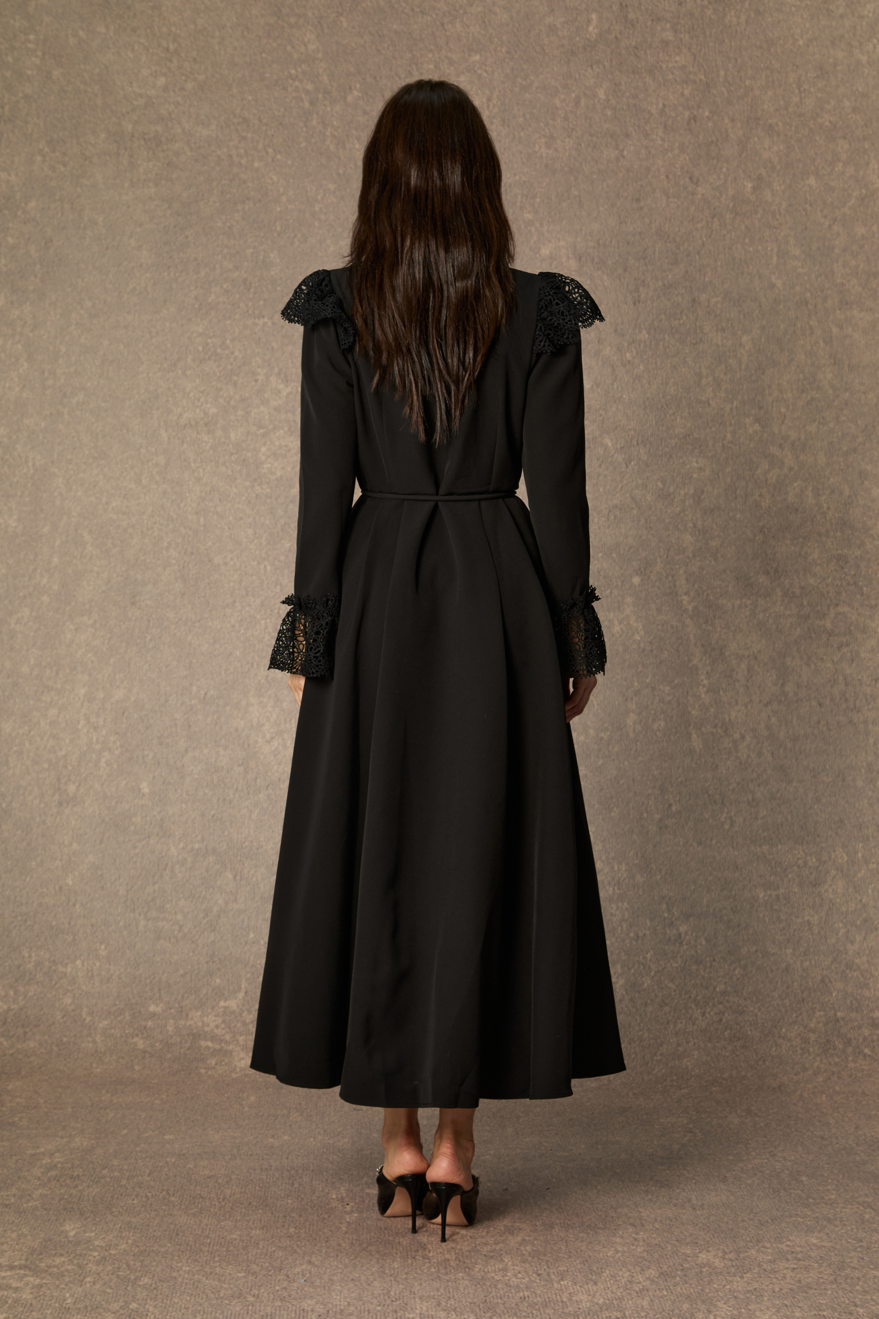 Timeless Grace Black Lace Panel Long Sleeve Maxi Dress