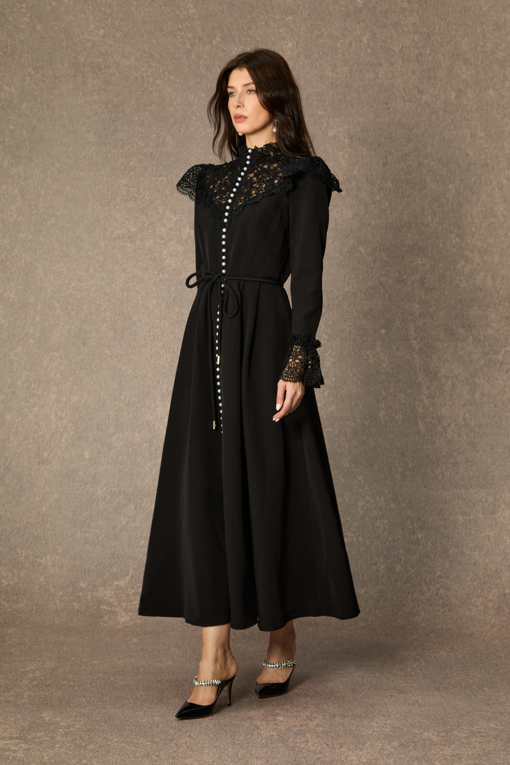 Timeless Grace Black Lace Panel Long Sleeve Maxi Dress