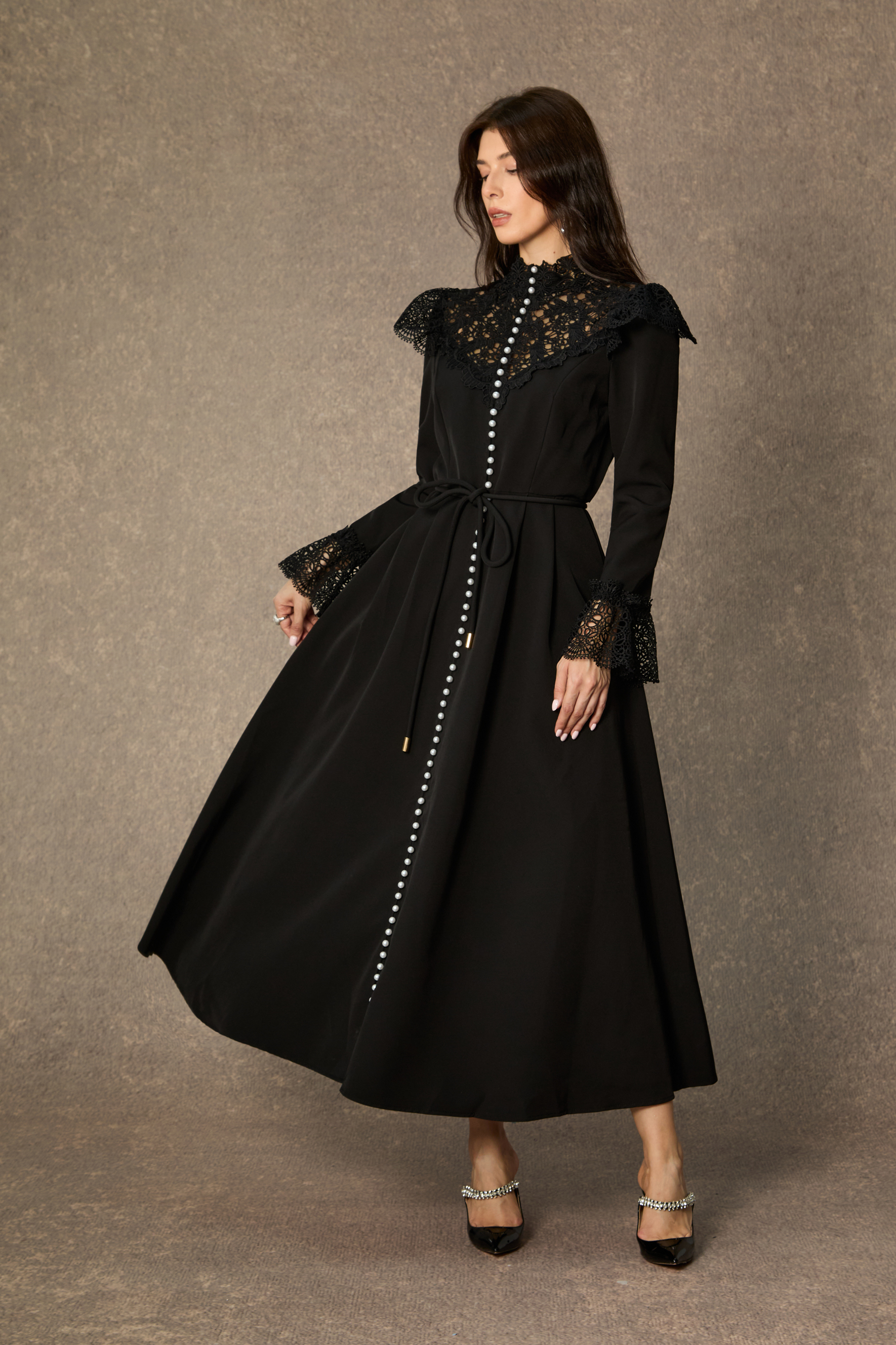 Timeless Grace Black Lace Panel Long Sleeve Maxi Dress