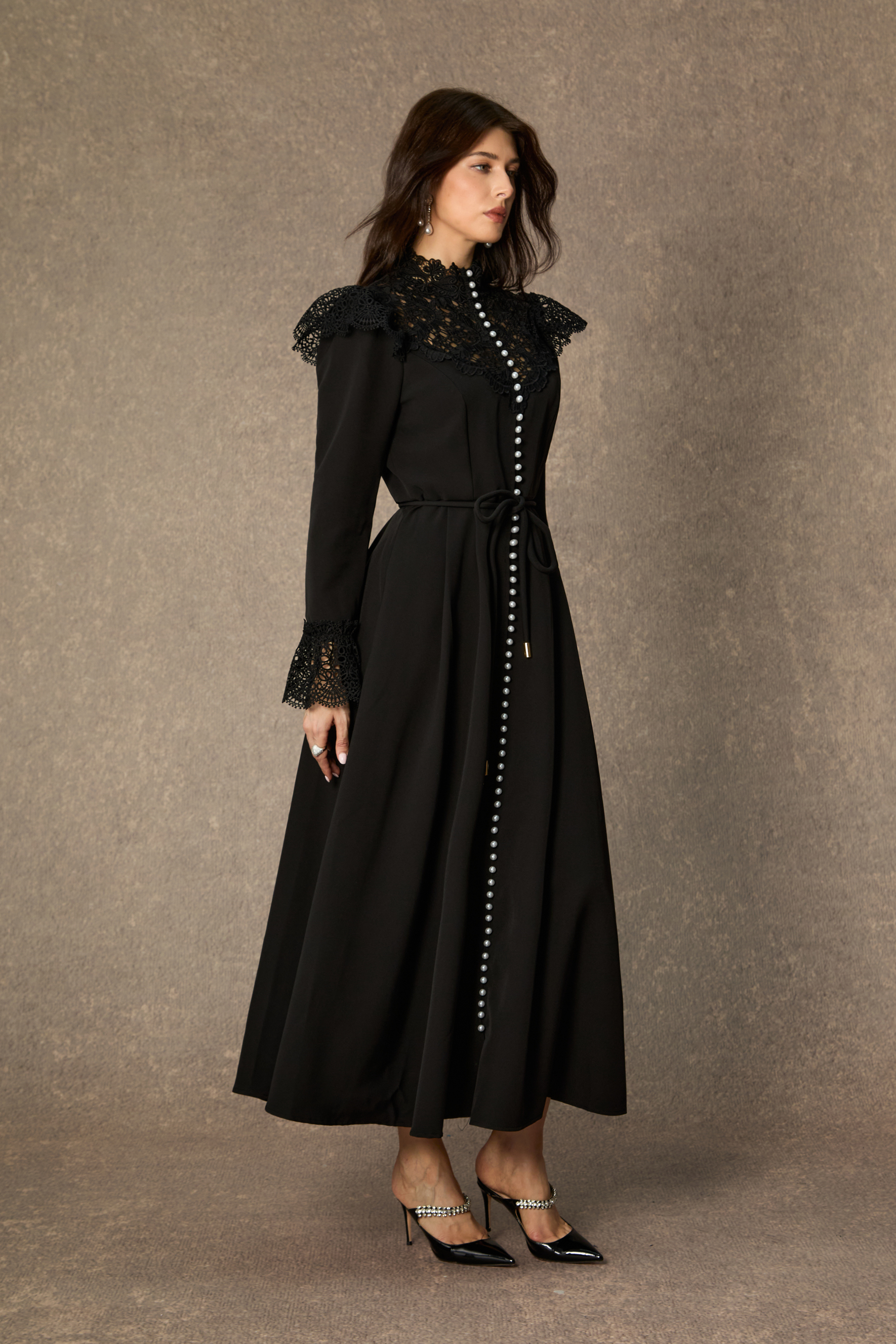 Timeless Grace Black Lace Panel Long Sleeve Maxi Dress