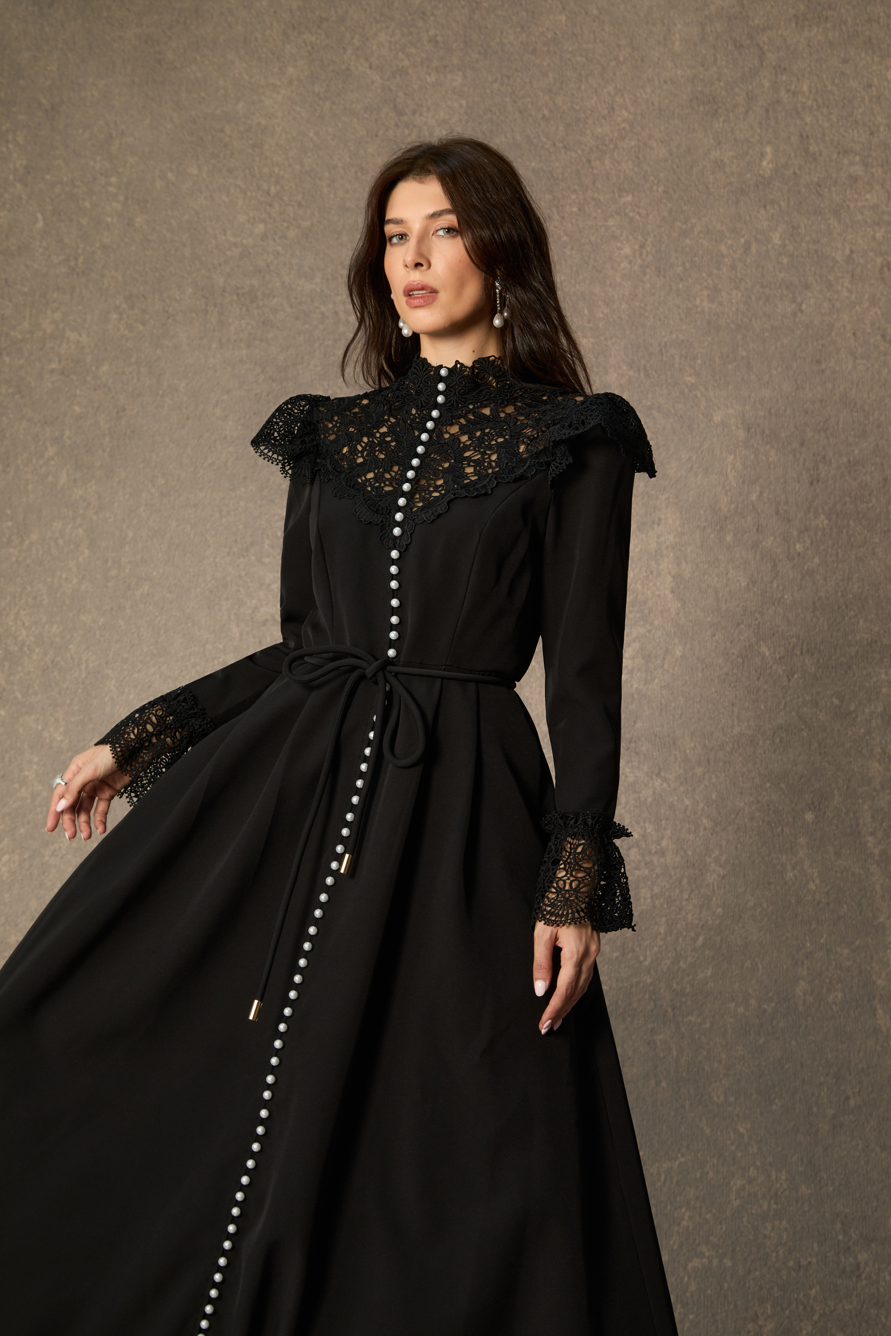 Timeless Grace Black Lace Panel Long Sleeve Maxi Dress
