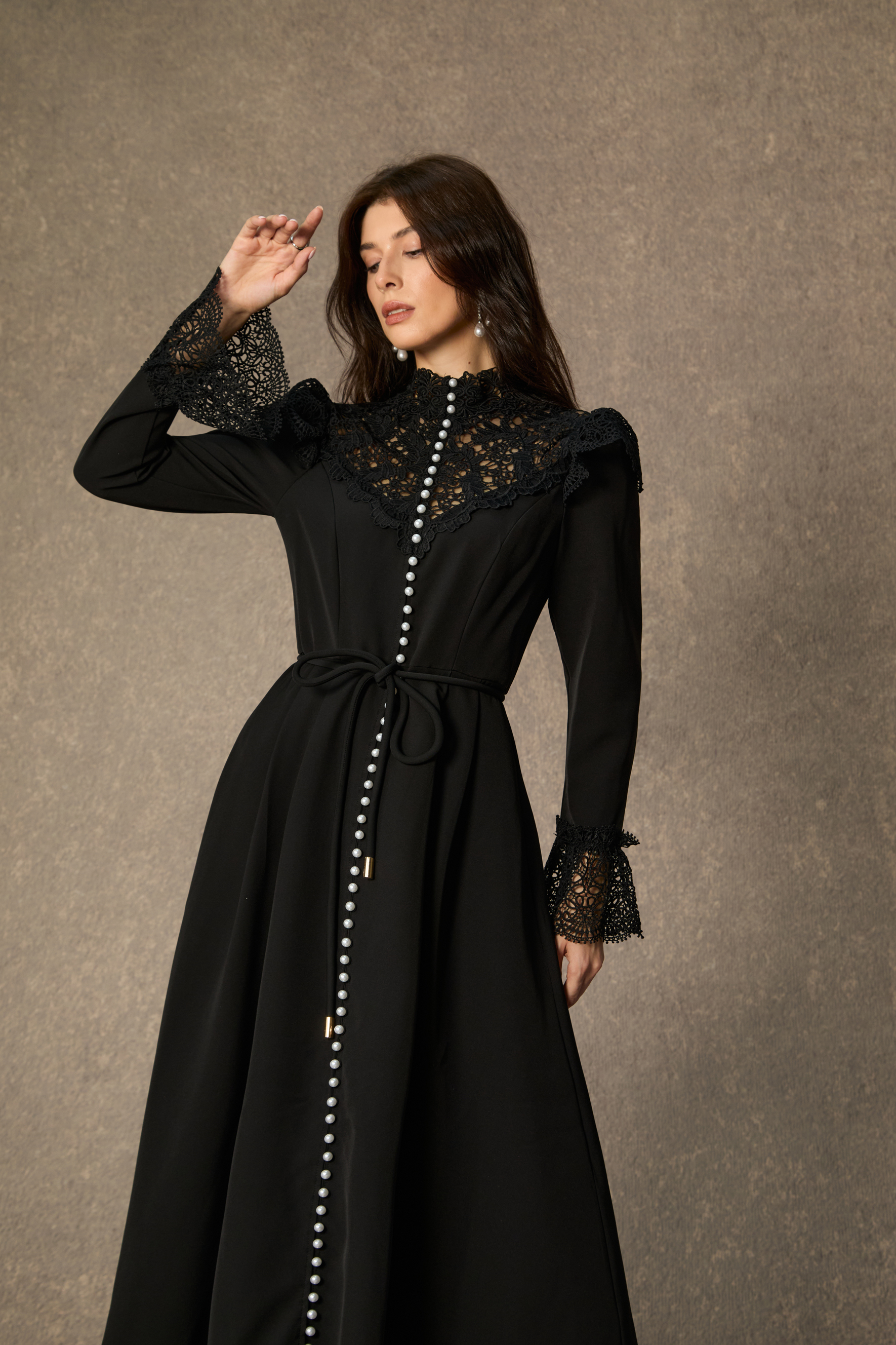Timeless Grace Black Lace Panel Long Sleeve Maxi Dress