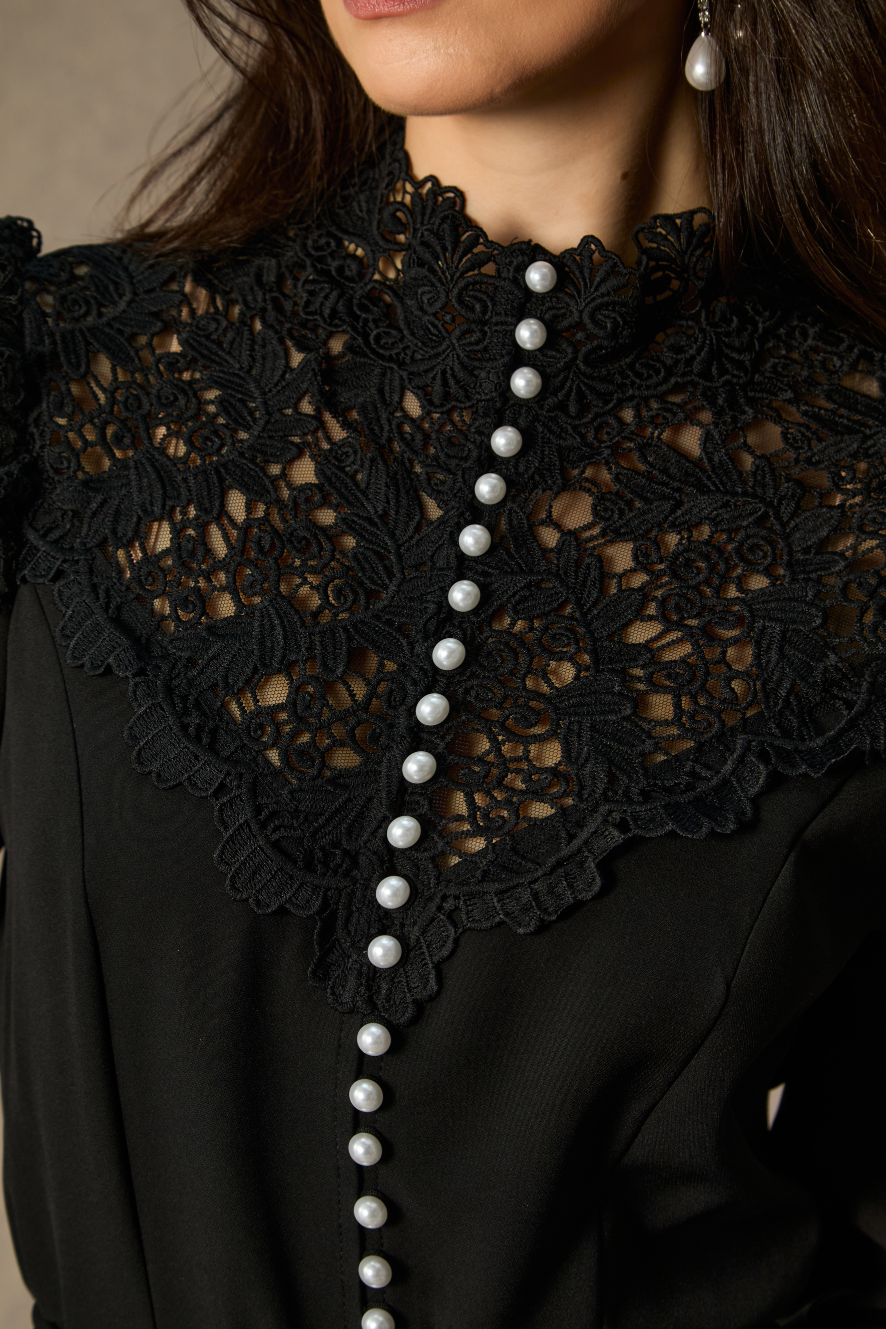 Timeless Grace Black Lace Panel Long Sleeve Maxi Dress