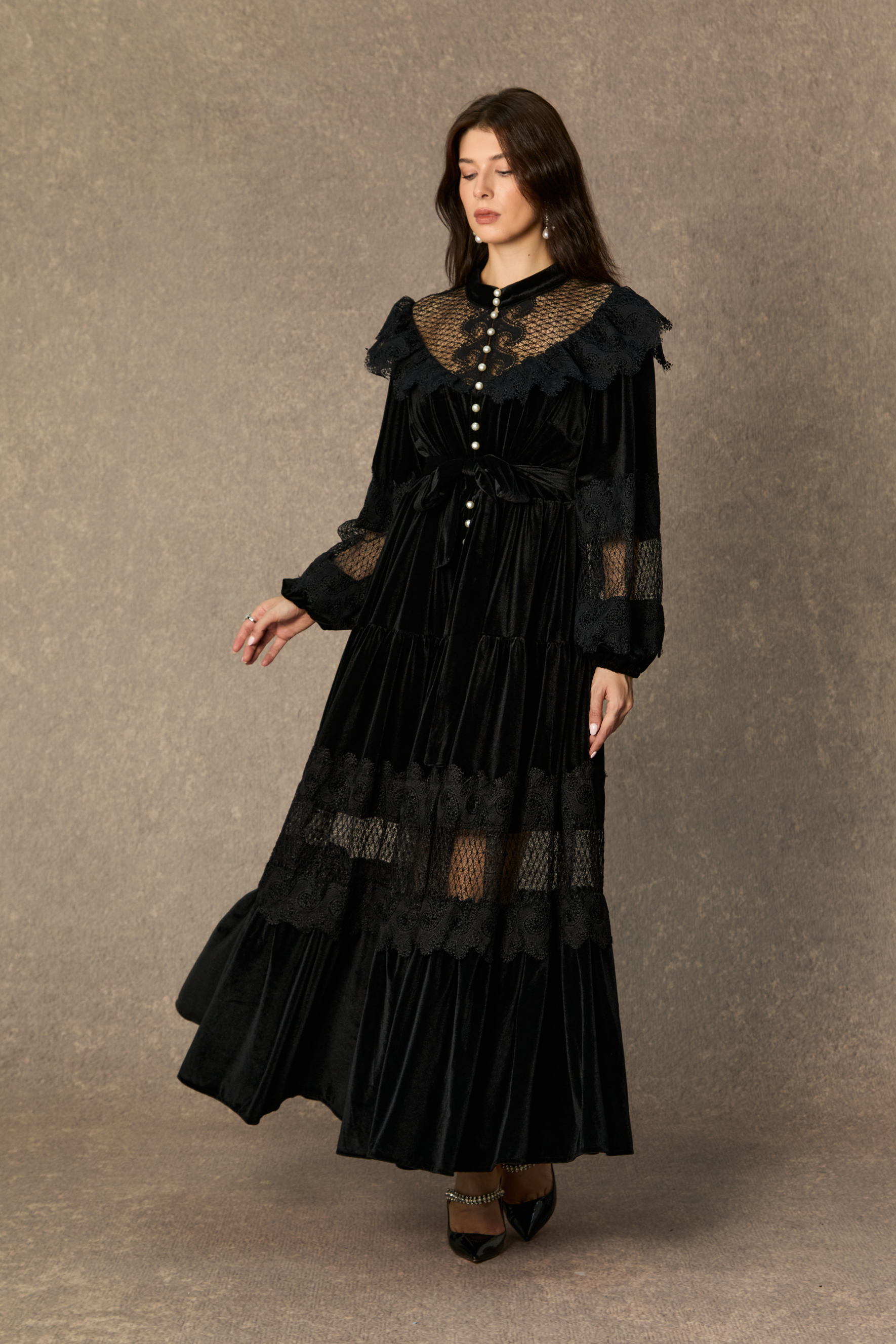 Beautiful Night Black Velvet Lace Panel Maxi Dress