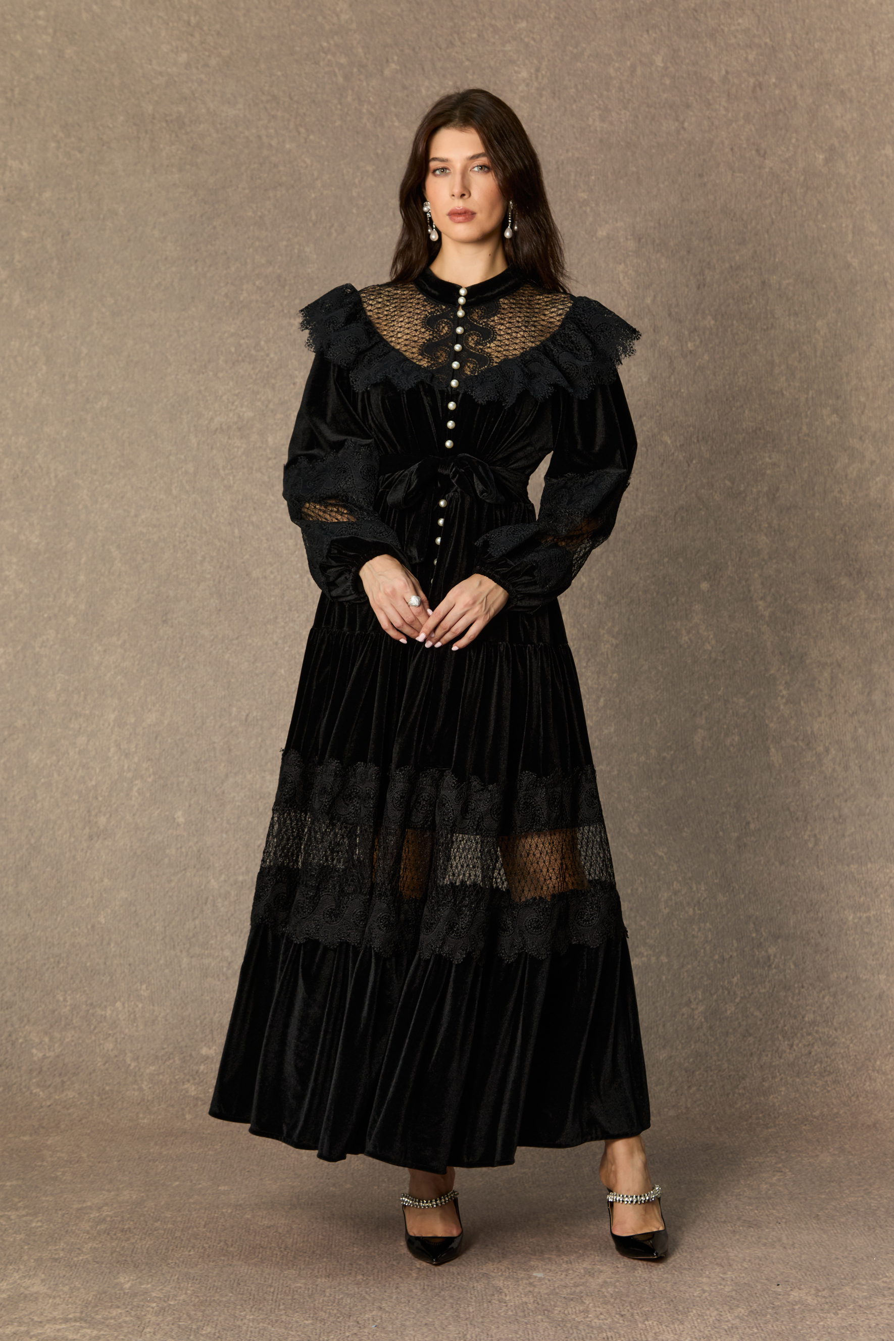 Beautiful Night Black Velvet Lace Panel Maxi Dress