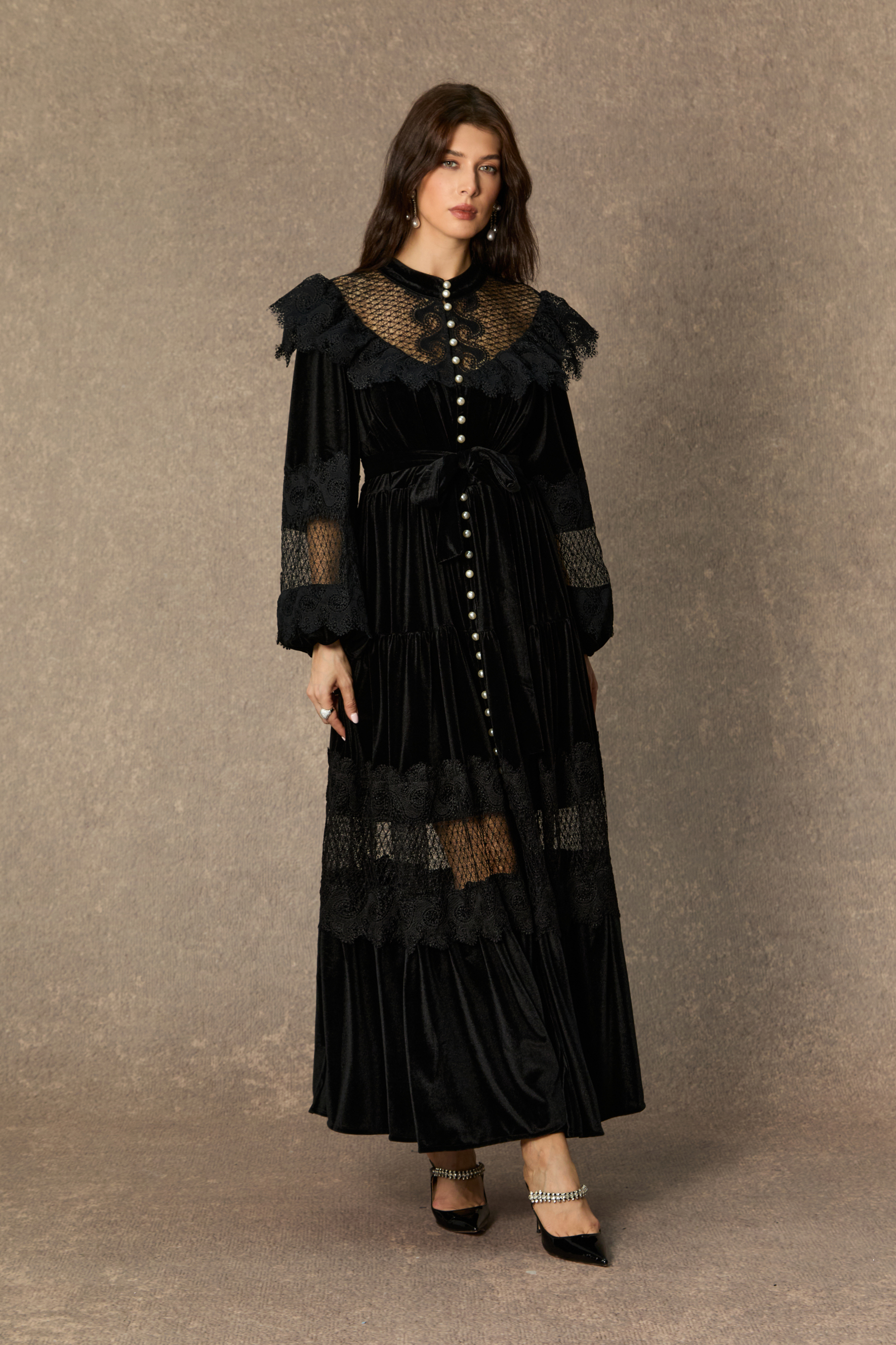 Beautiful Night Black Velvet Lace Panel Maxi Dress – sunfere