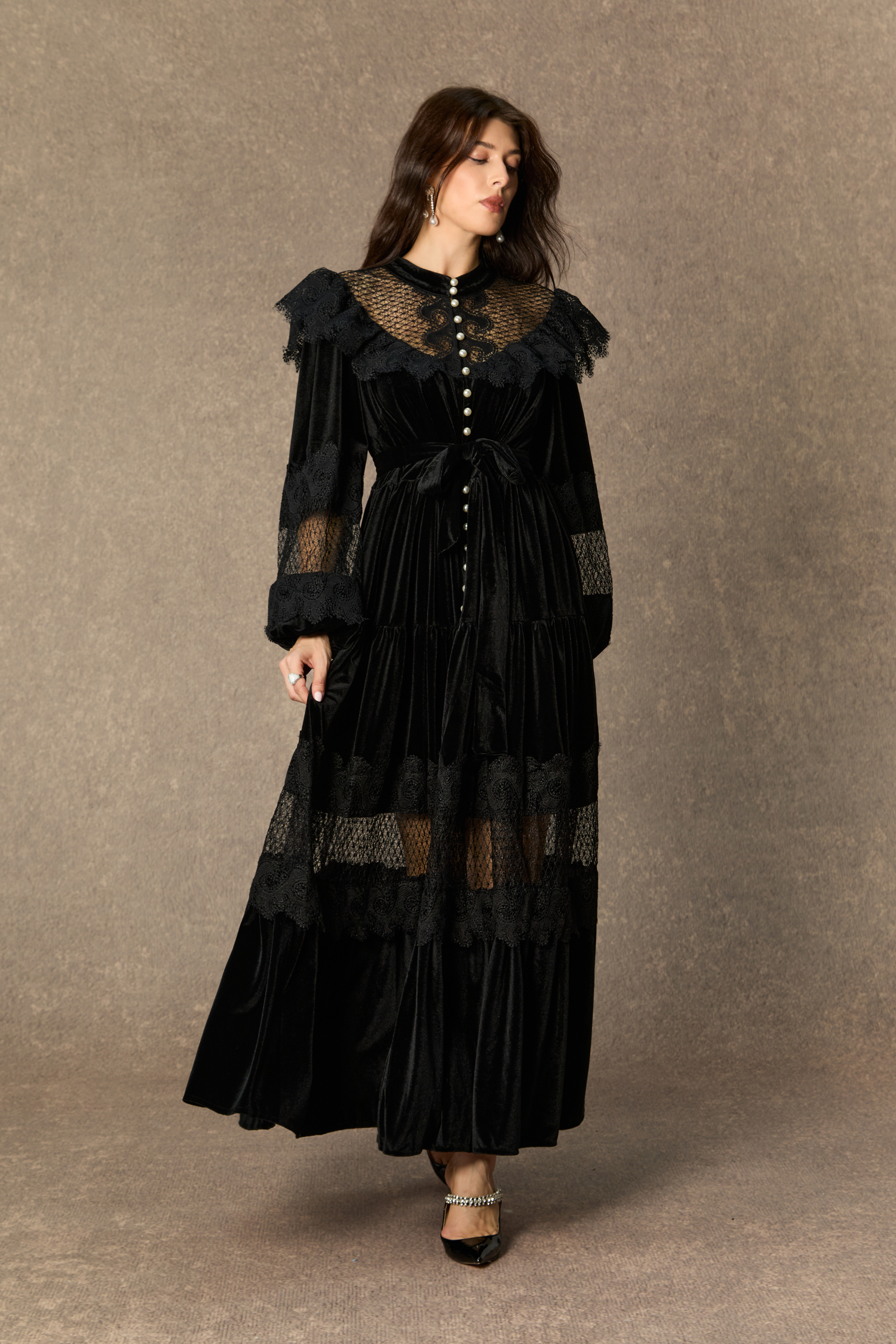 Beautiful Night Black Velvet Lace Panel Maxi Dress