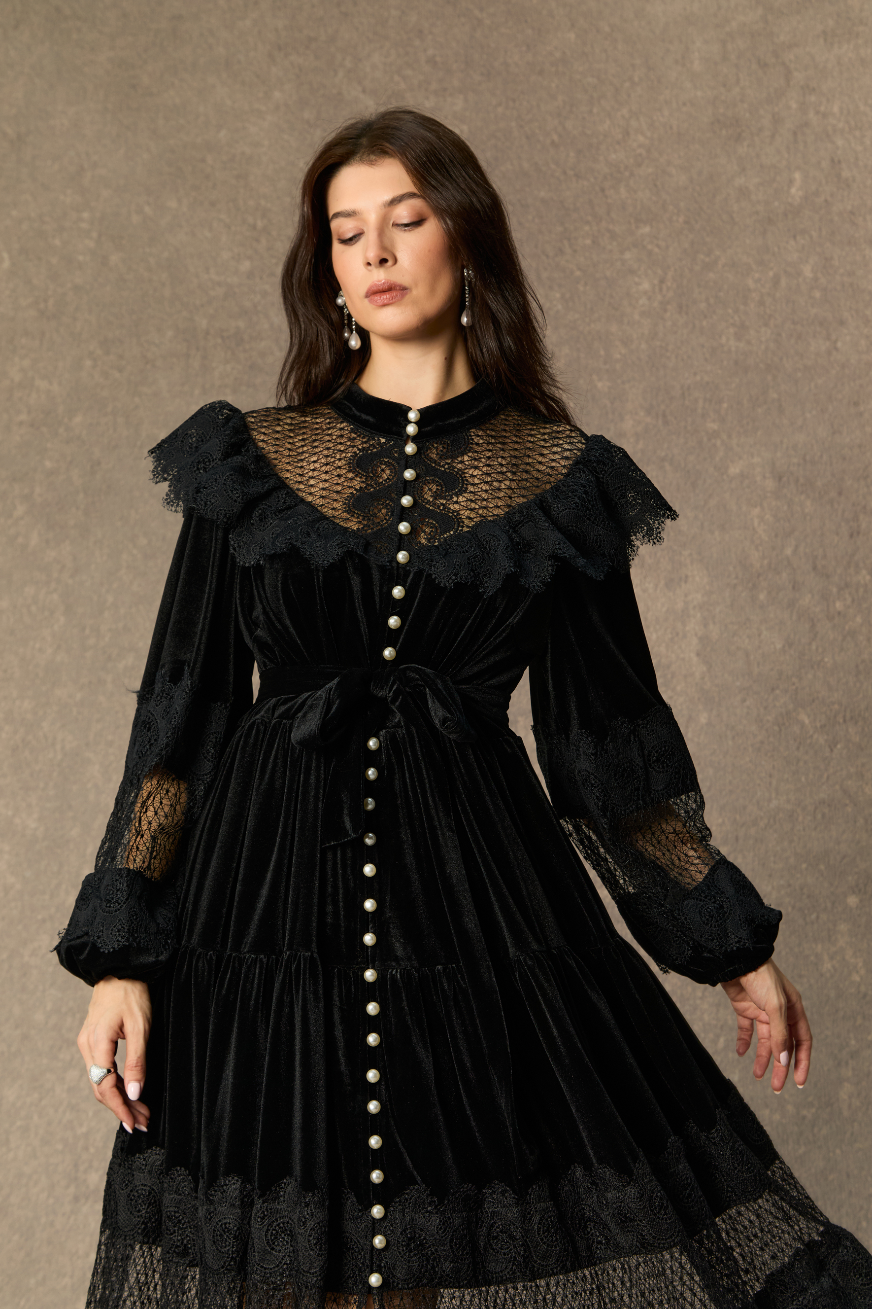 Beautiful Night Black Velvet Lace Panel Maxi Dress