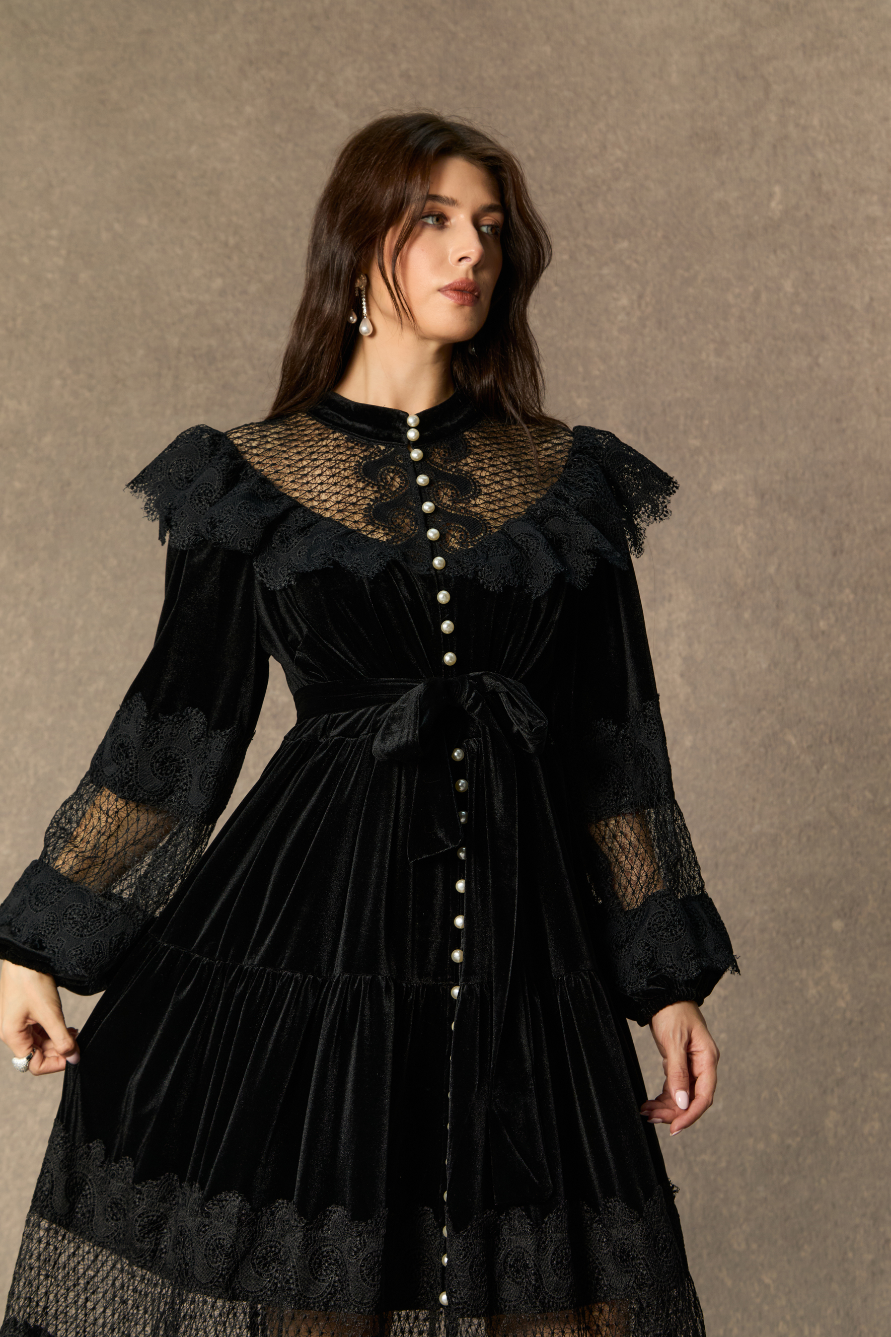 Beautiful Night Black Velvet Lace Panel Maxi Dress