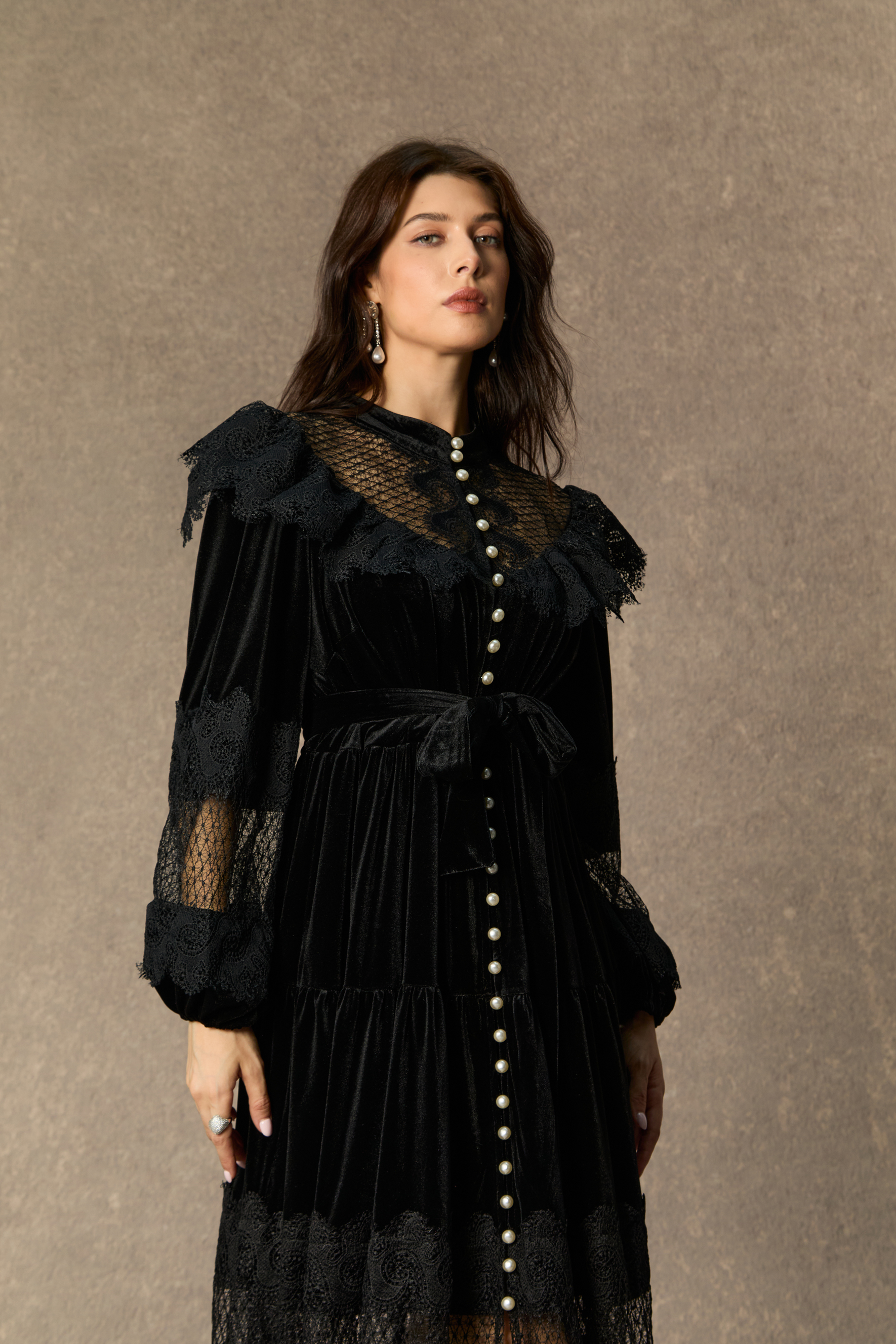 Beautiful Night Black Velvet Lace Panel Maxi Dress