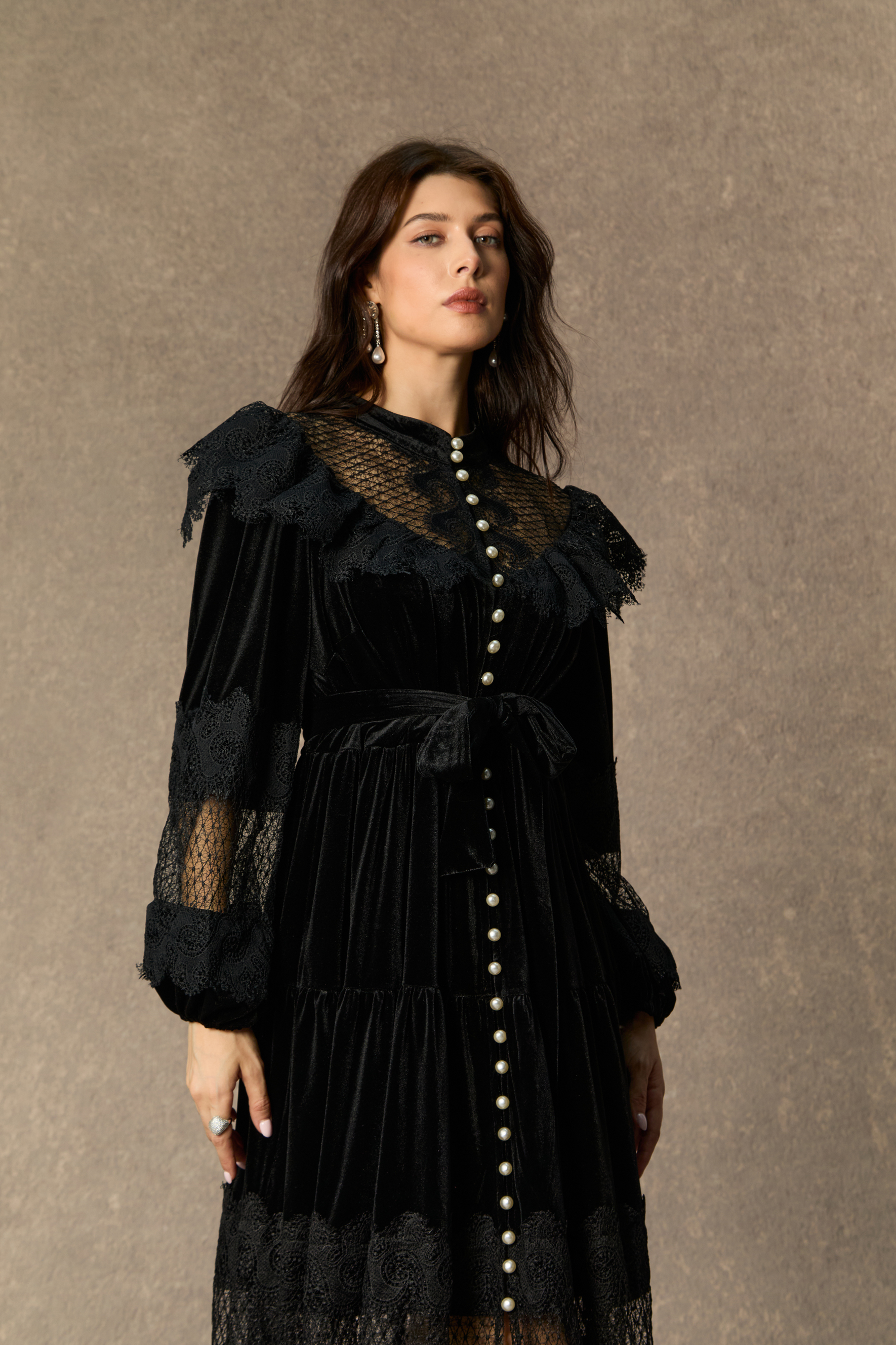 Beautiful Night Black Velvet Lace Panel Maxi Dress