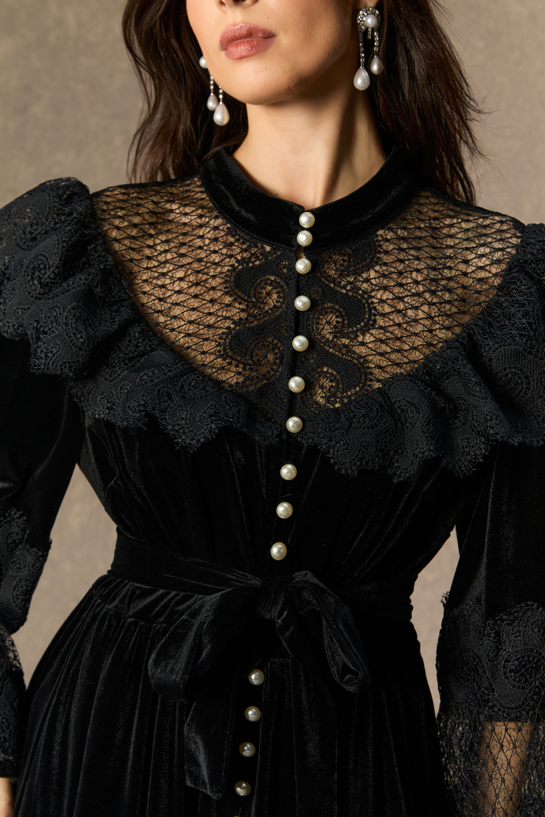 Beautiful Night Black Velvet Lace Panel Maxi Dress