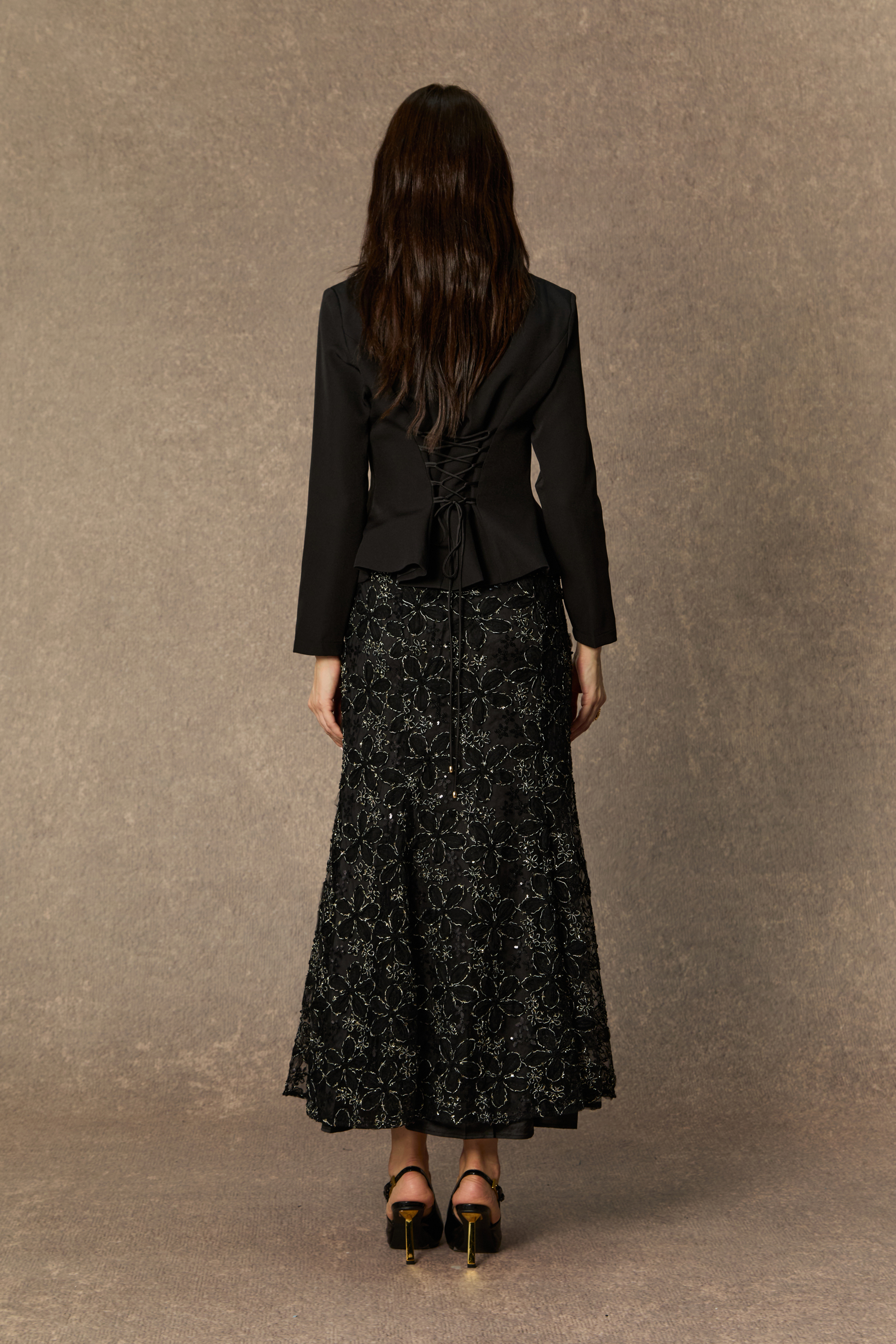 Compelling Style Black Flare Hem Jacket & Floral Embroidery Skirt Set