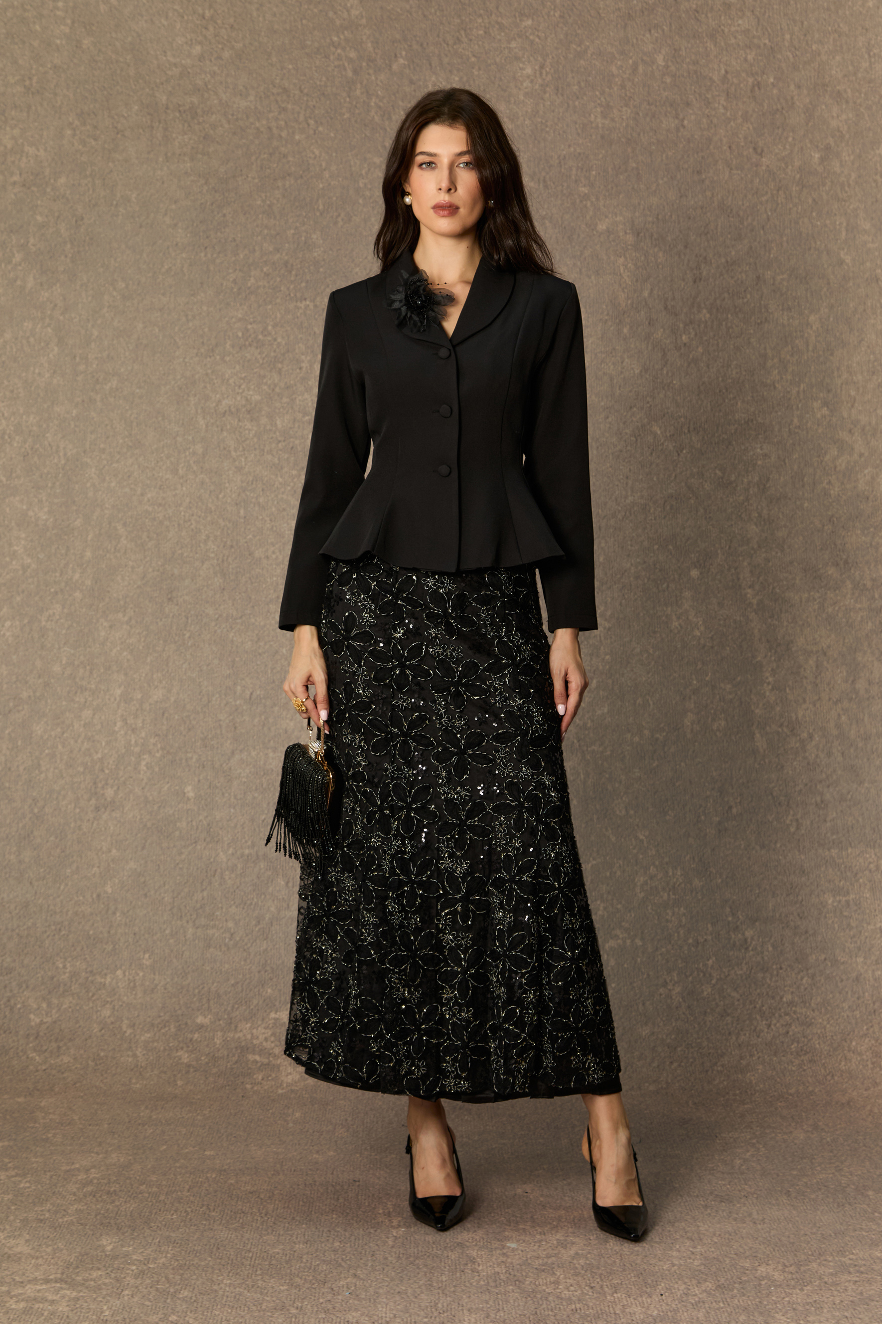 Compelling Style Black Flare Hem Jacket & Floral Embroidery Skirt Set