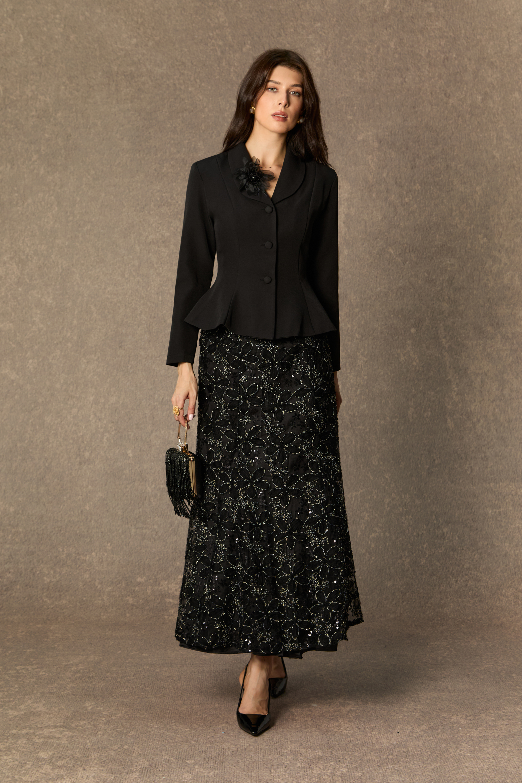 Compelling Style Black Flare Hem Jacket & Floral Embroidery Skirt Set