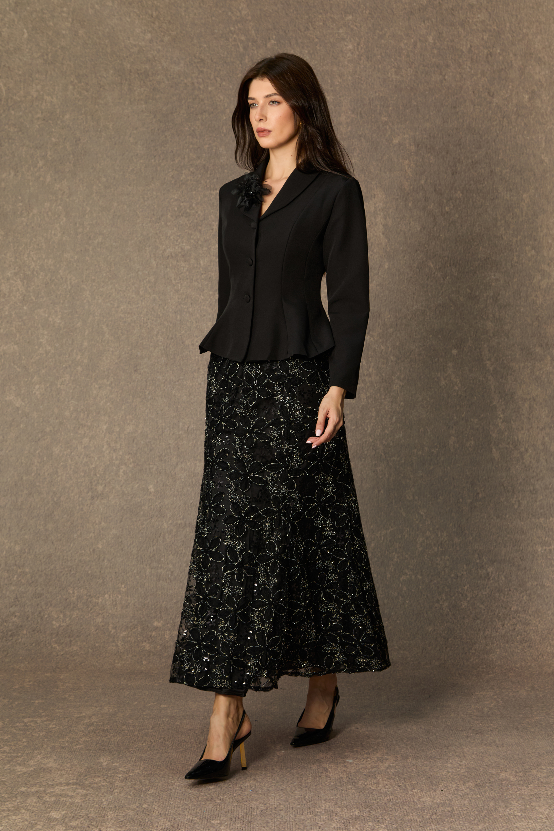 Compelling Style Black Flare Hem Jacket & Floral Embroidery Skirt Set