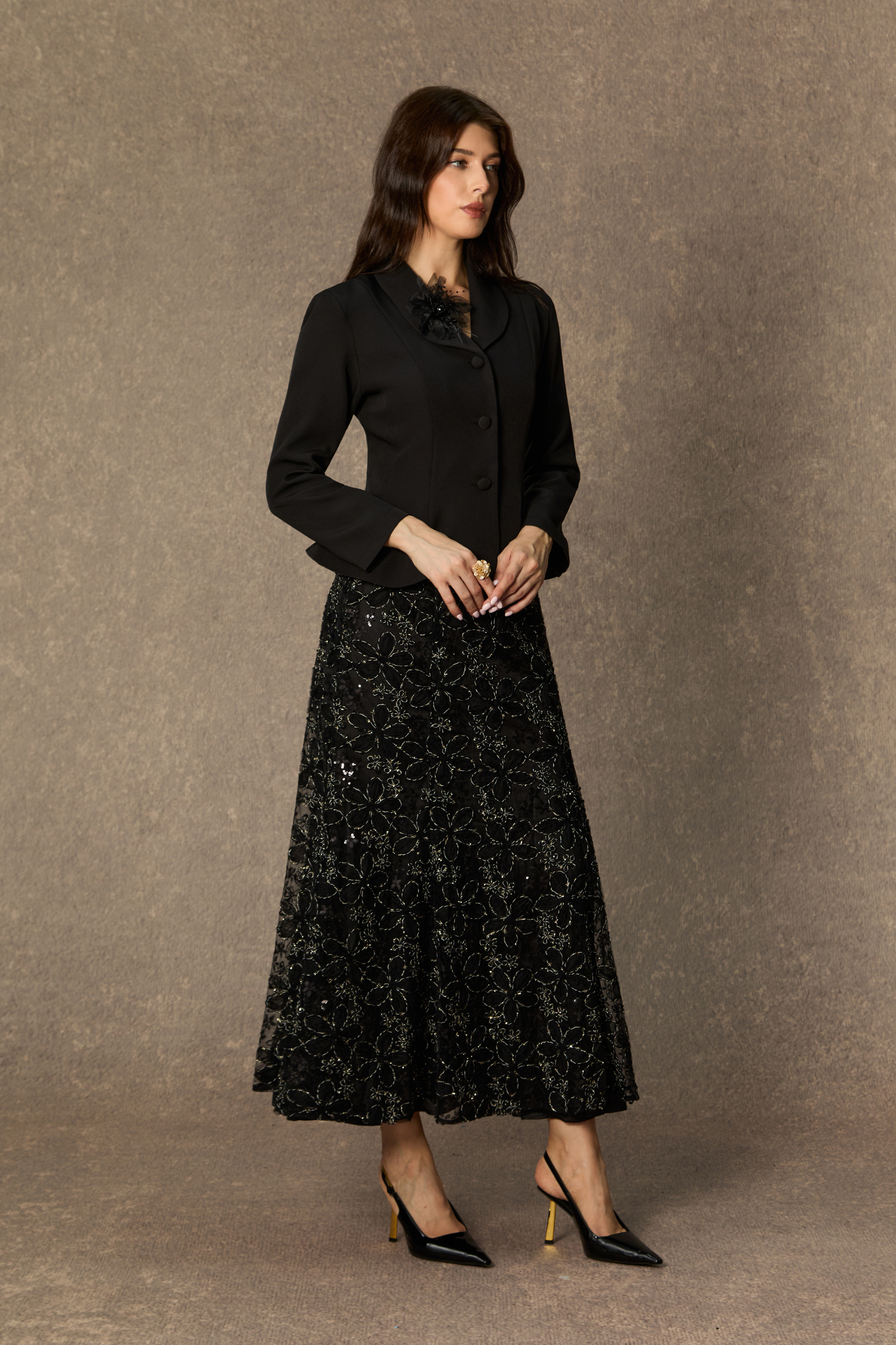 Compelling Style Black Flare Hem Jacket & Floral Embroidery Skirt Set