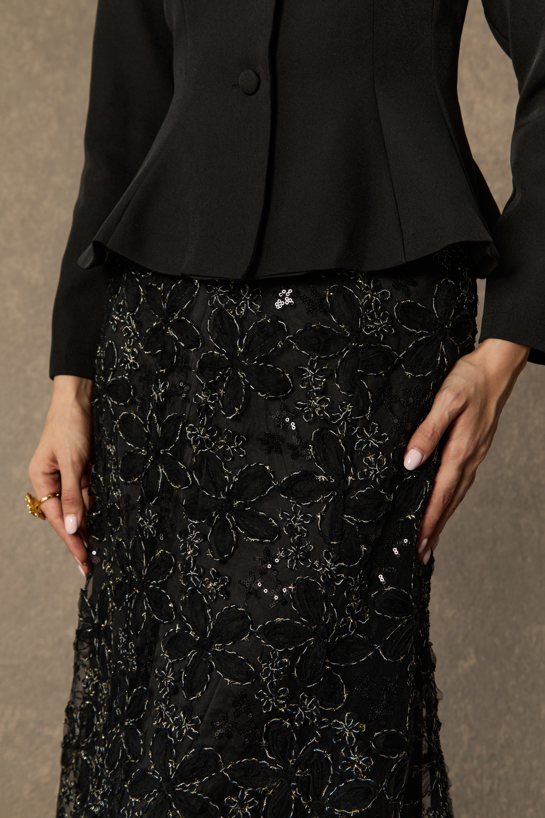 Compelling Style Black Flare Hem Jacket & Floral Embroidery Skirt Set