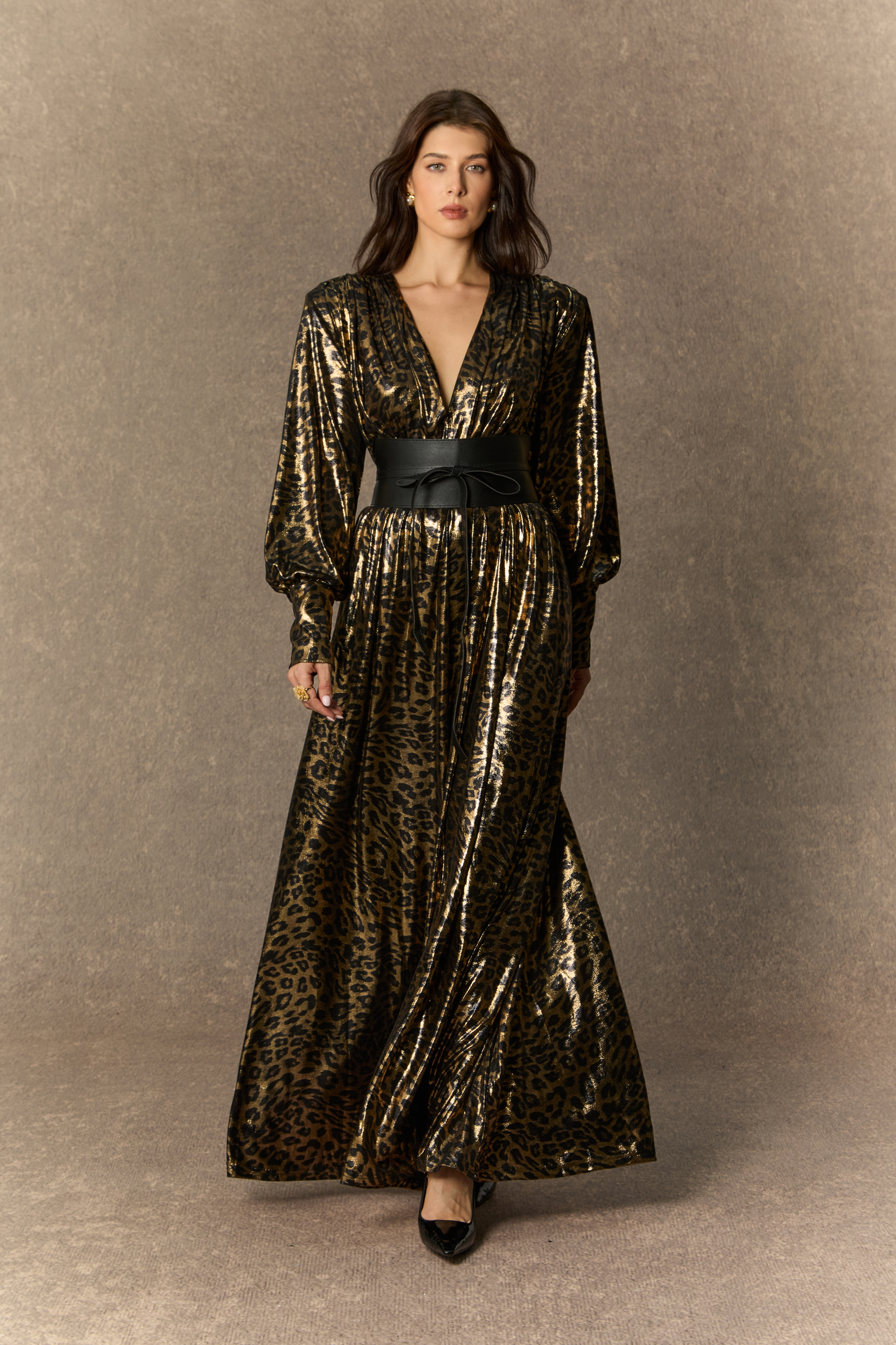 Wild For The Season Gold Leopard Print V‑Neck Maxi Dress