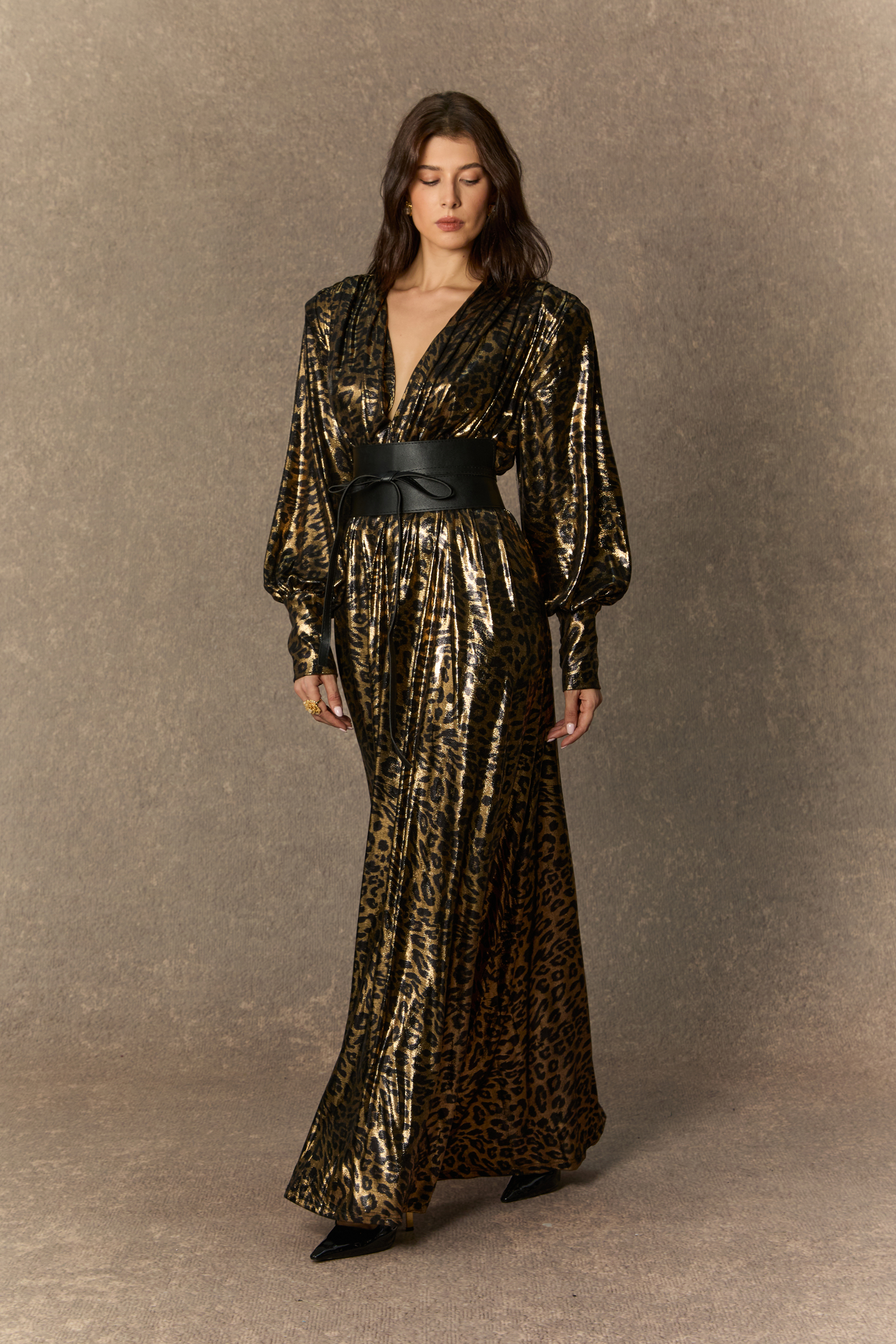 Wild For The Season Gold Leopard Print V‑Neck Maxi Dress