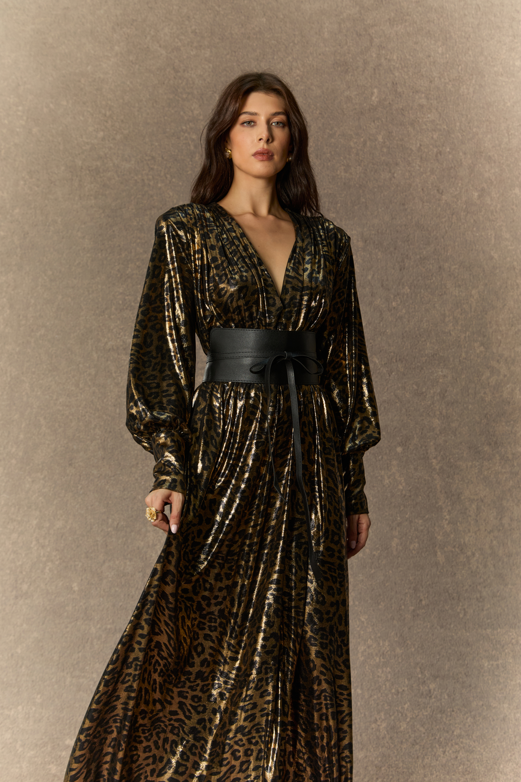 Wild For The Season Gold Leopard Print V‑Neck Maxi Dress