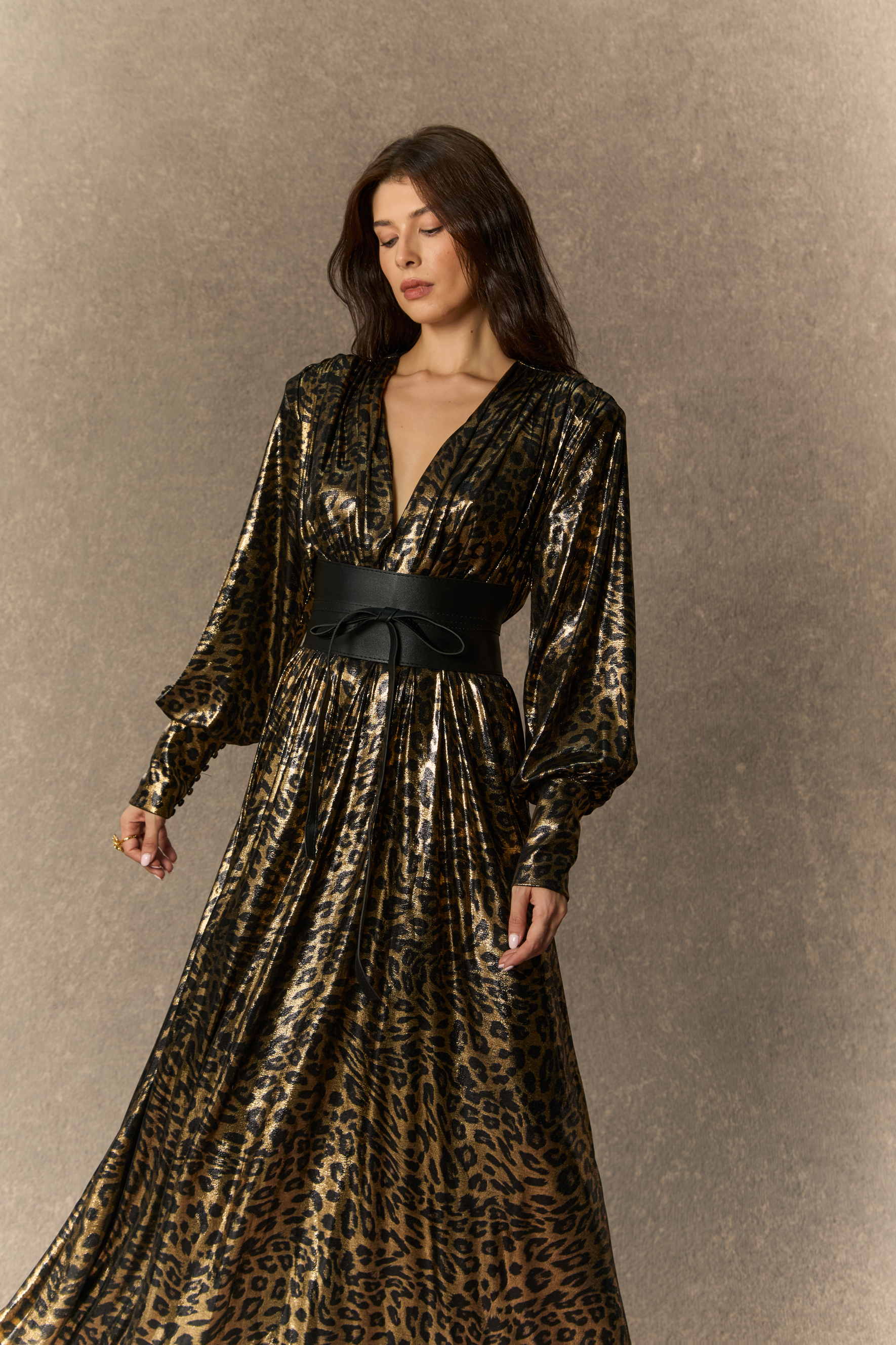 Wild For The Season Gold Leopard Print V‑Neck Maxi Dress