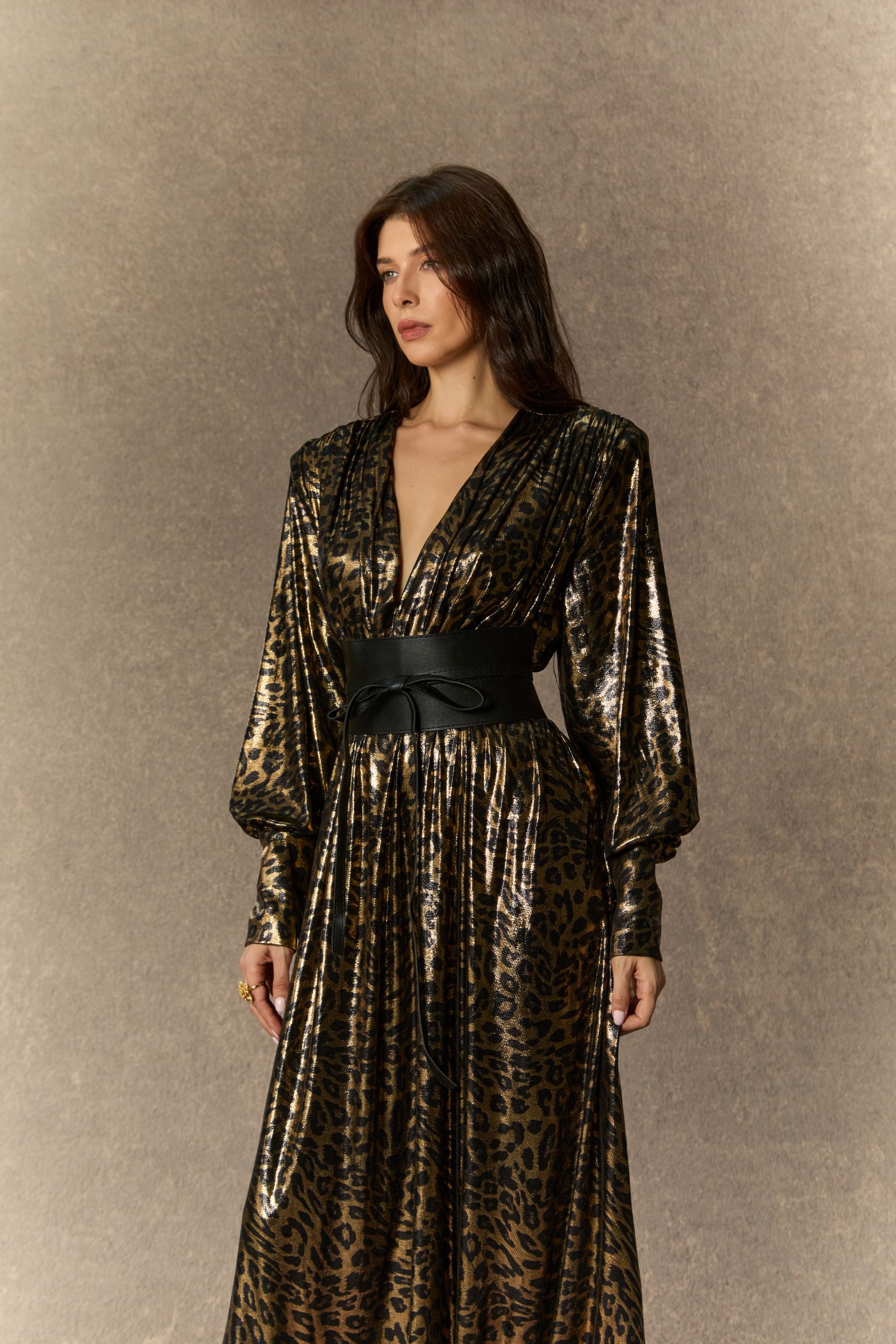 Wild For The Season Gold Leopard Print V‑Neck Maxi Dress