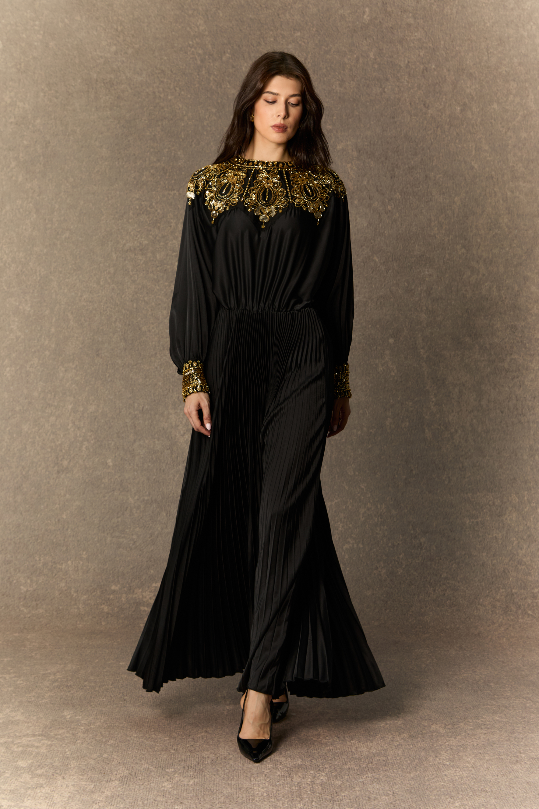 Dazzling Forever Black Beaded Embellished Pleated Maxi Dress