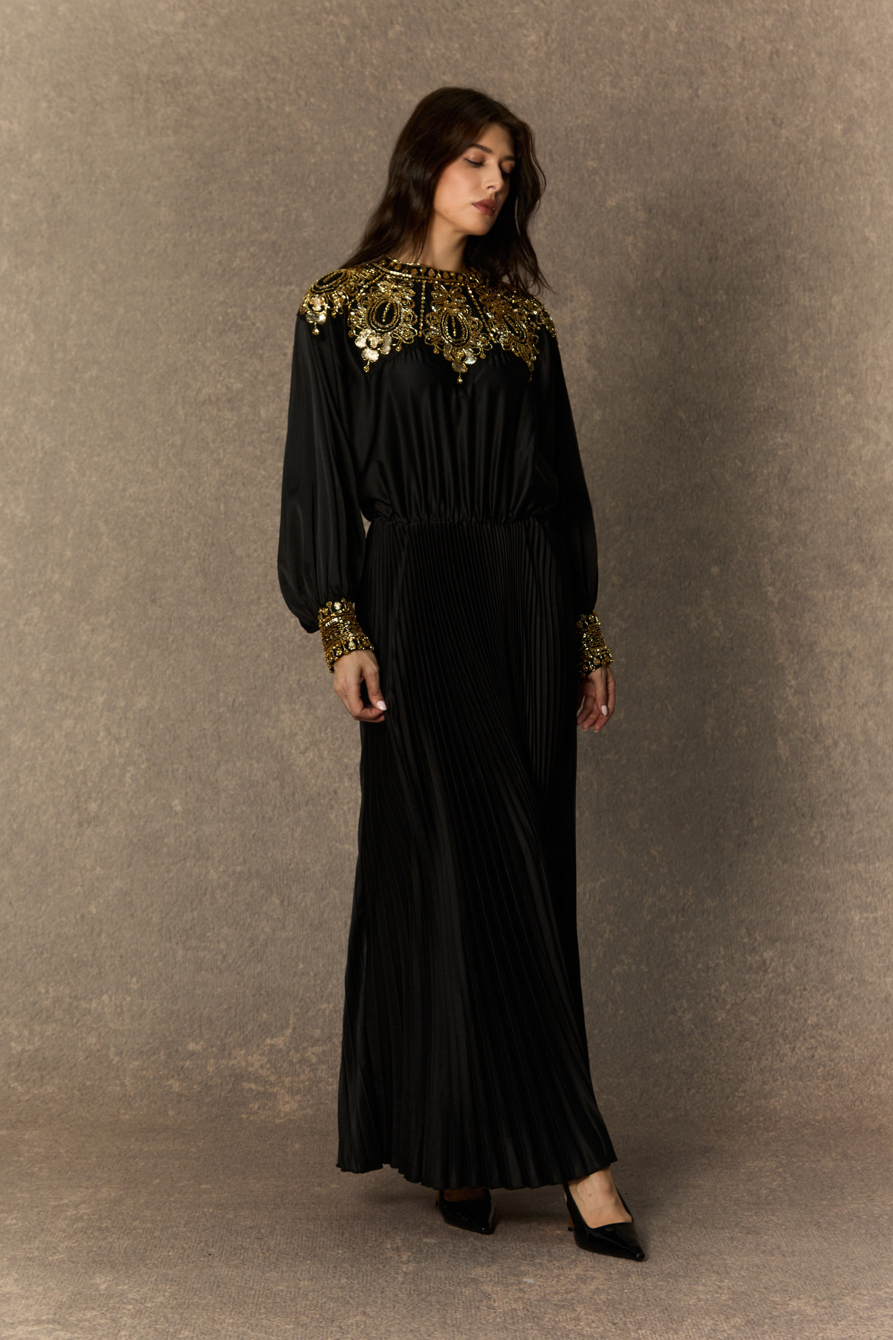 Dazzling Forever Black Beaded Embellished Pleated Maxi Dress