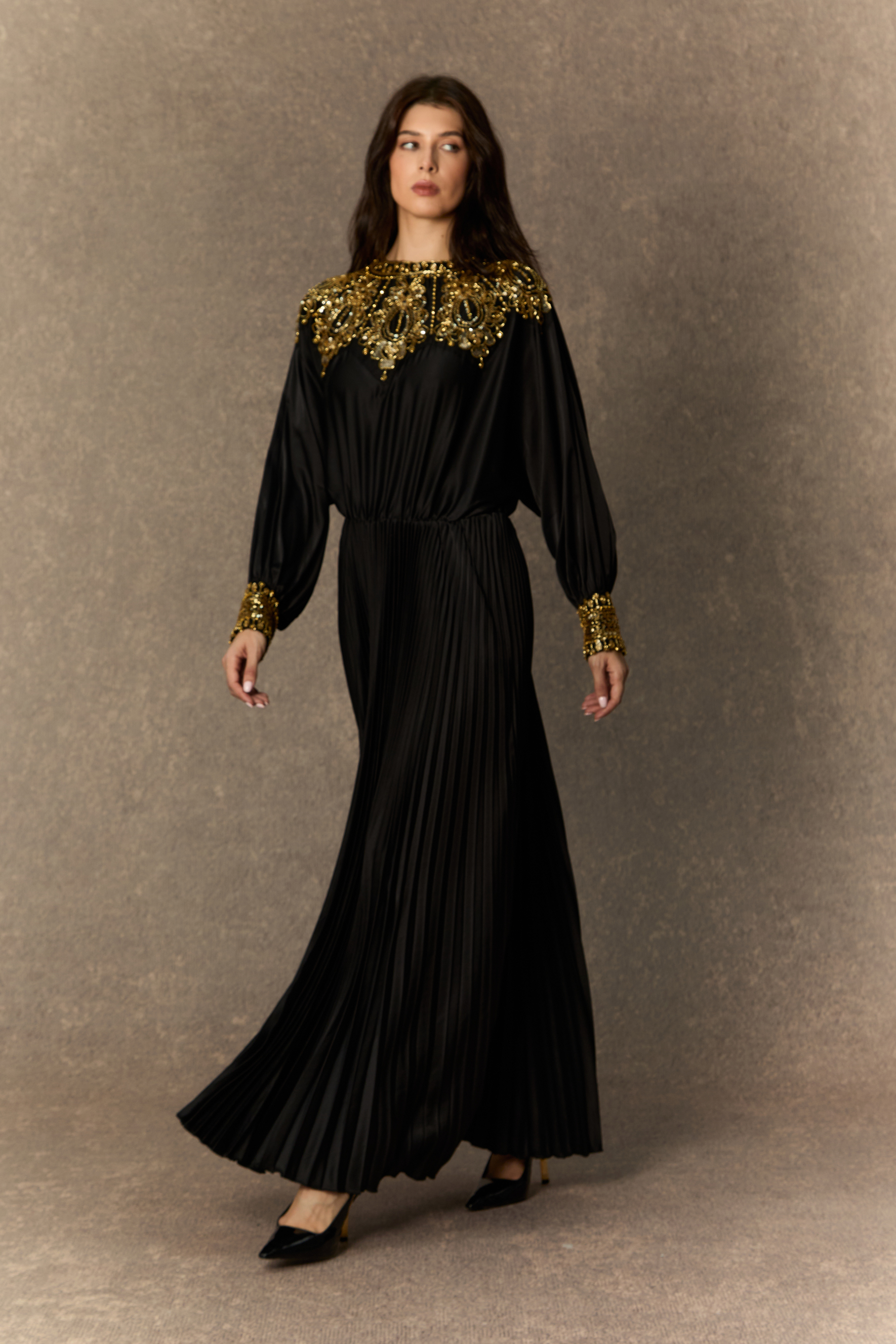 Dazzling Forever Black Beaded Embellished Pleated Maxi Dress
