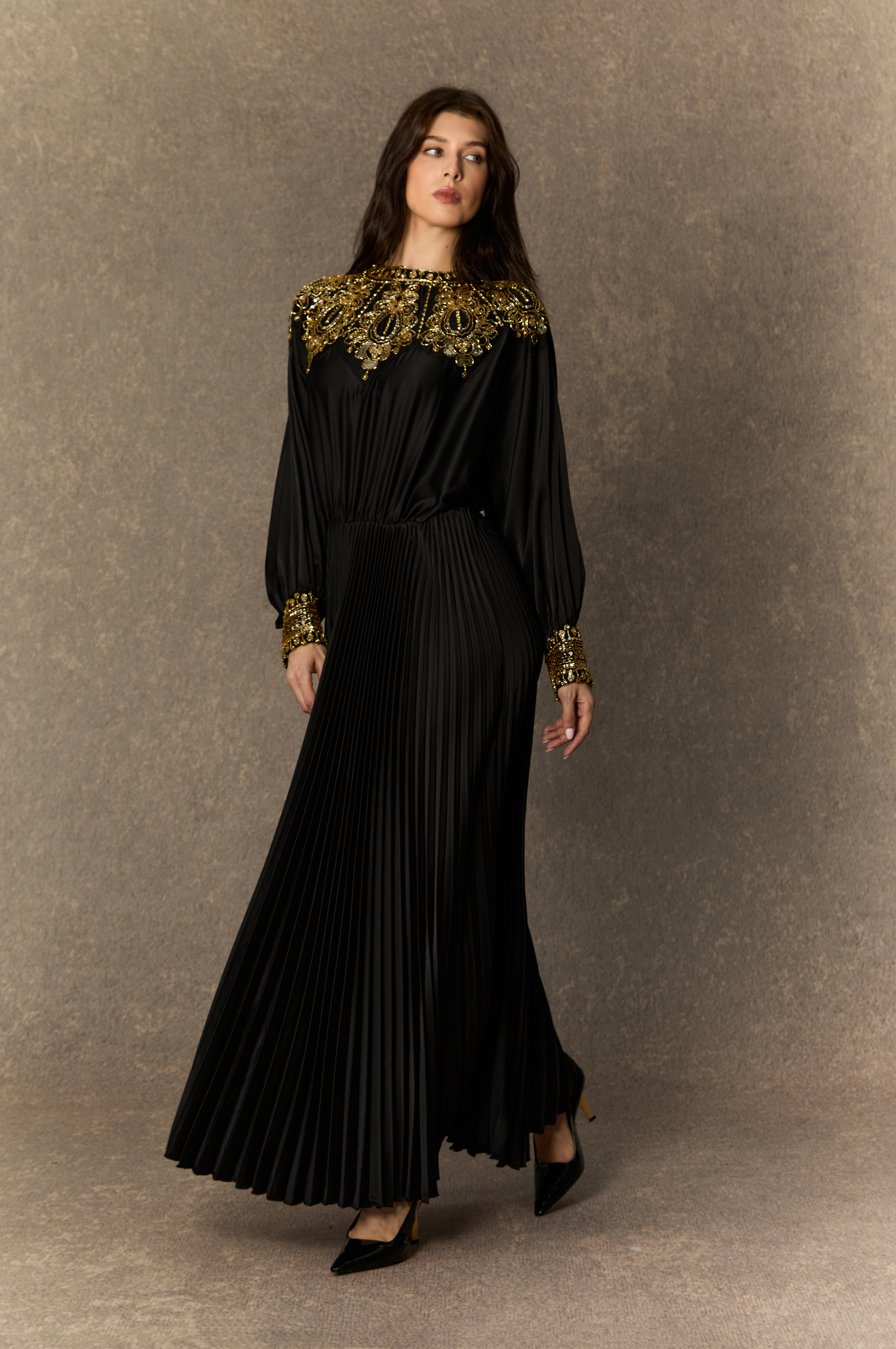 Dazzling Forever Black Beaded Embellished Pleated Maxi Dress