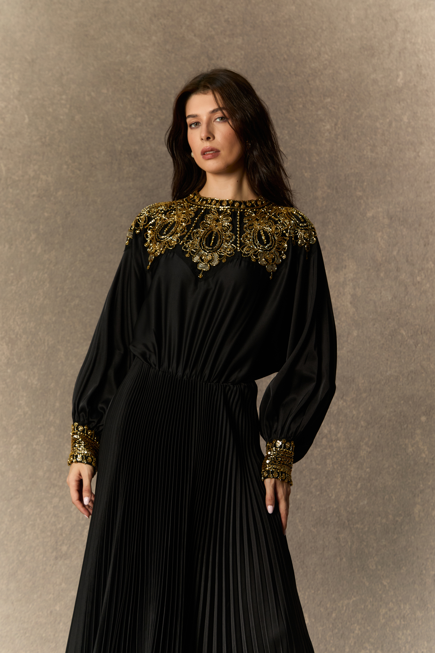 Dazzling Forever Black Beaded Embellished Pleated Maxi Dress