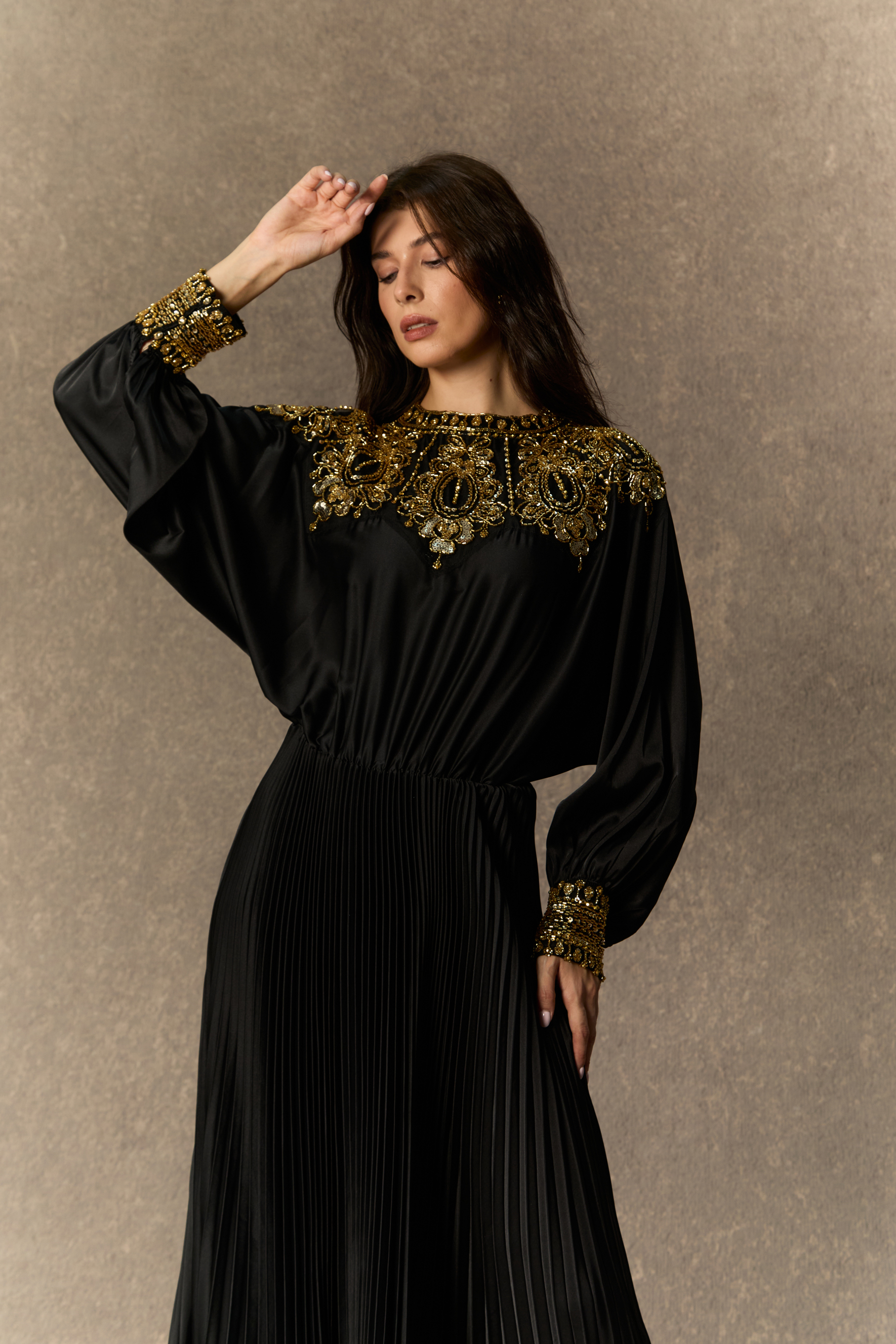 Dazzling Forever Black Beaded Embellished Pleated Maxi Dress