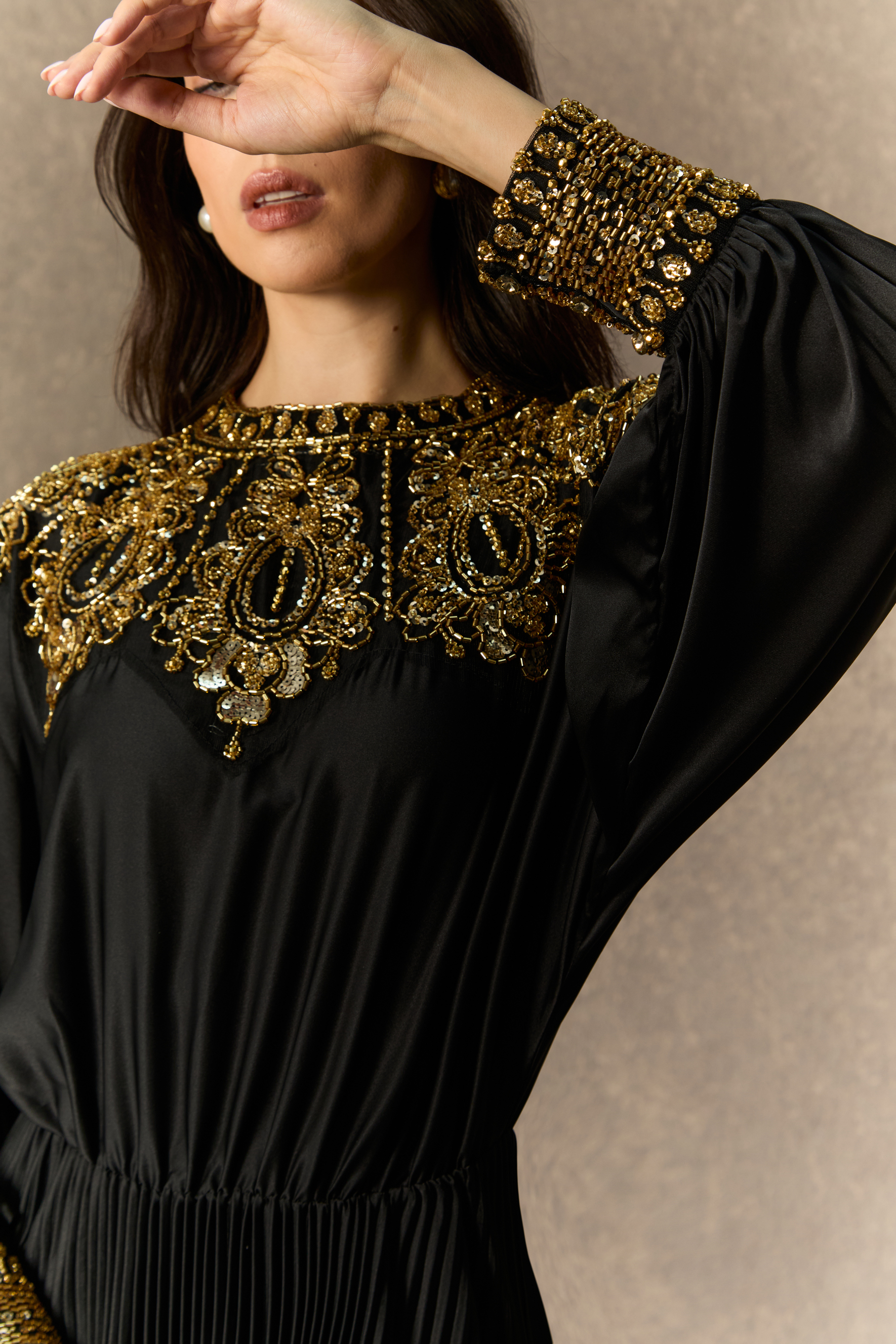 Dazzling Forever Black Beaded Embellished Pleated Maxi Dress