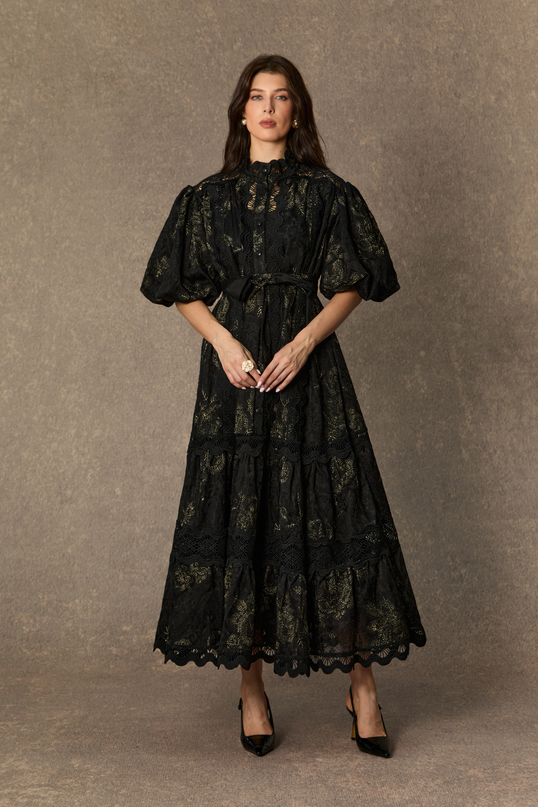 Lust At First Sight Black Puff Sleeve Lace Midi Dress